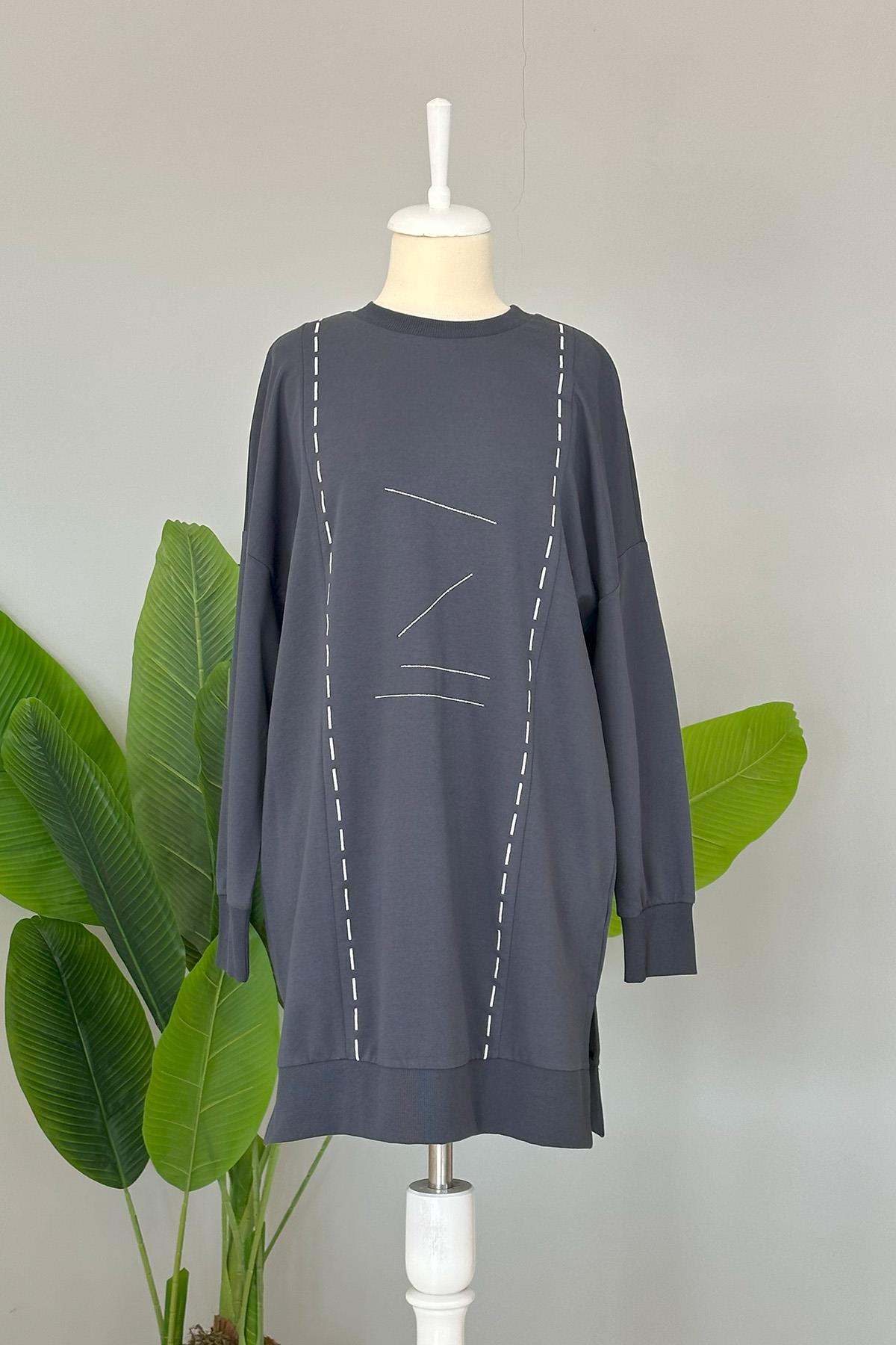Basic Dikiş Detaylı Sweat Tunik 10425 Füme