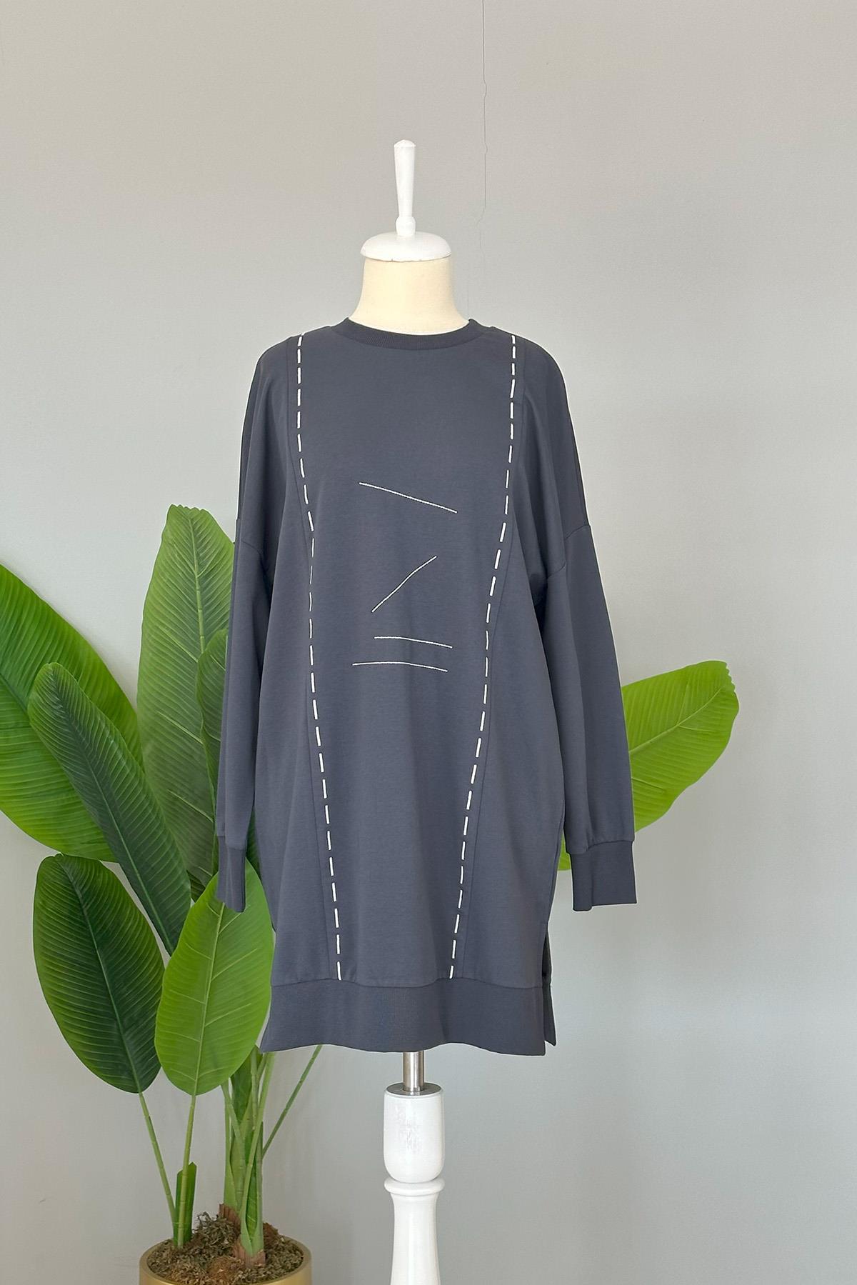 Basic Dikiş Detaylı Sweat Tunik 10425 Füme