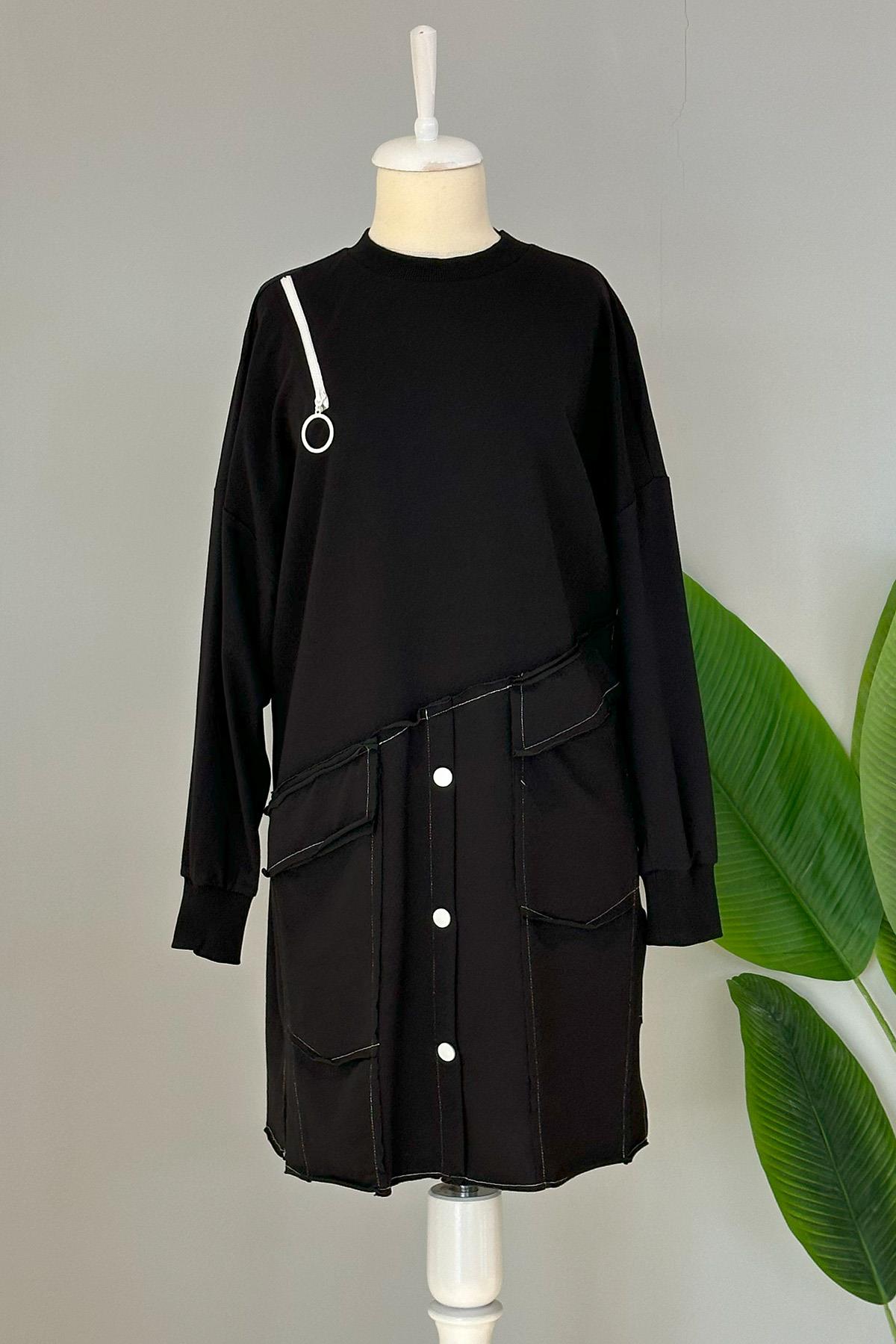 Basic Düğme Detaylı Sweat Tunik 10412 Siyah