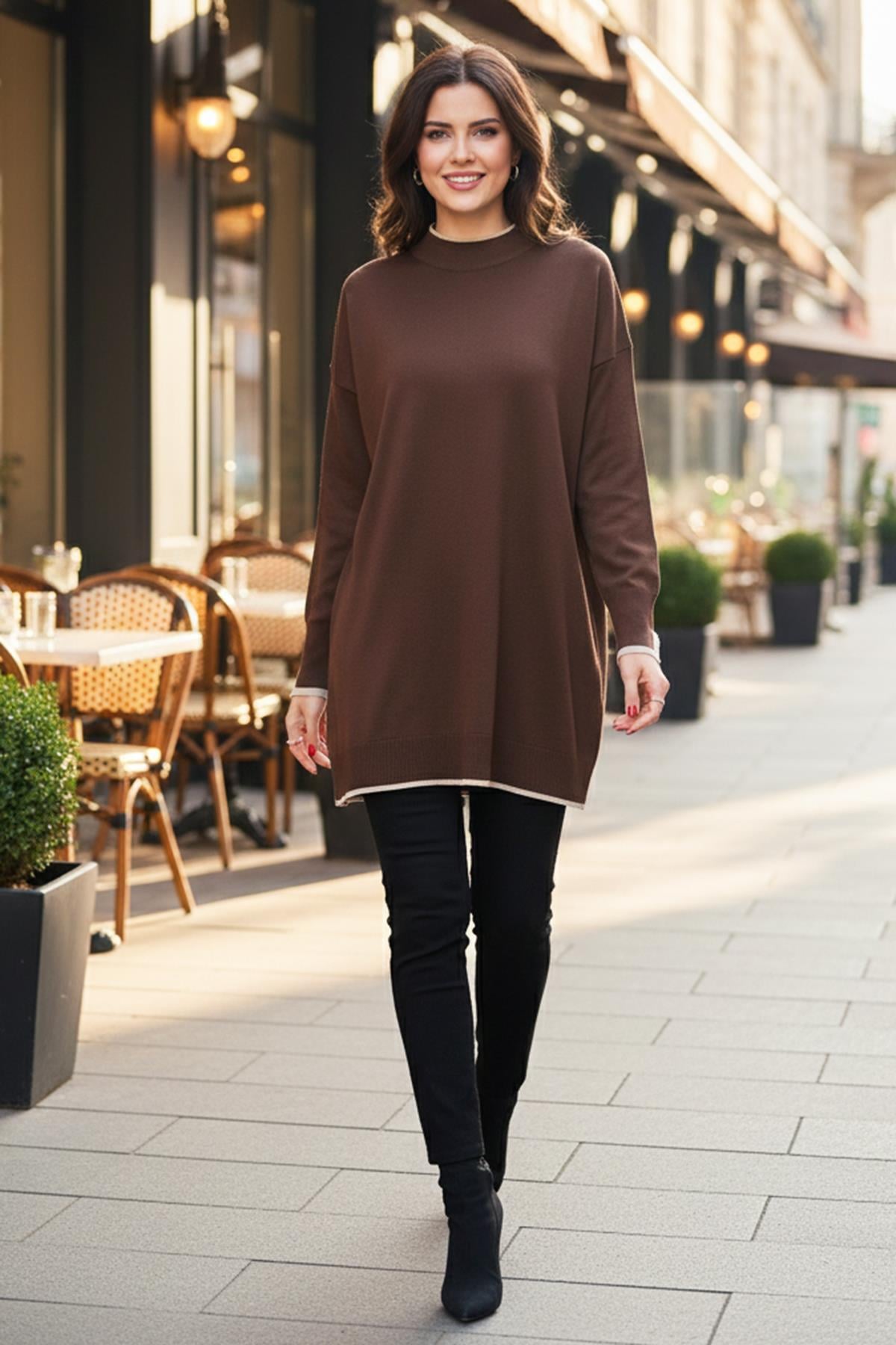 Basic Örme Merserize Tunik 17036 Kahverengi