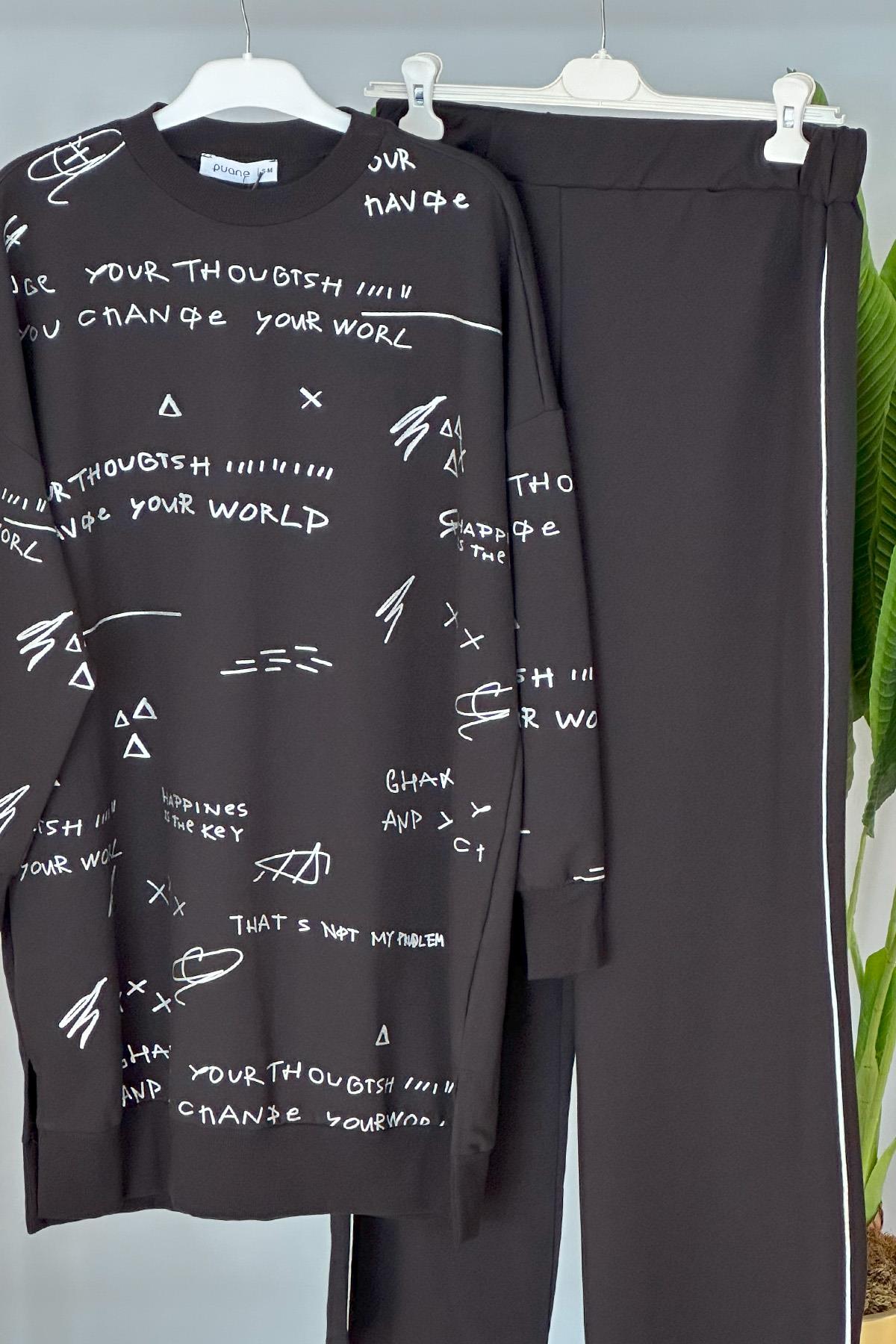 Basic Pantolonlu Takım Baskı Detay 14202 Siyah