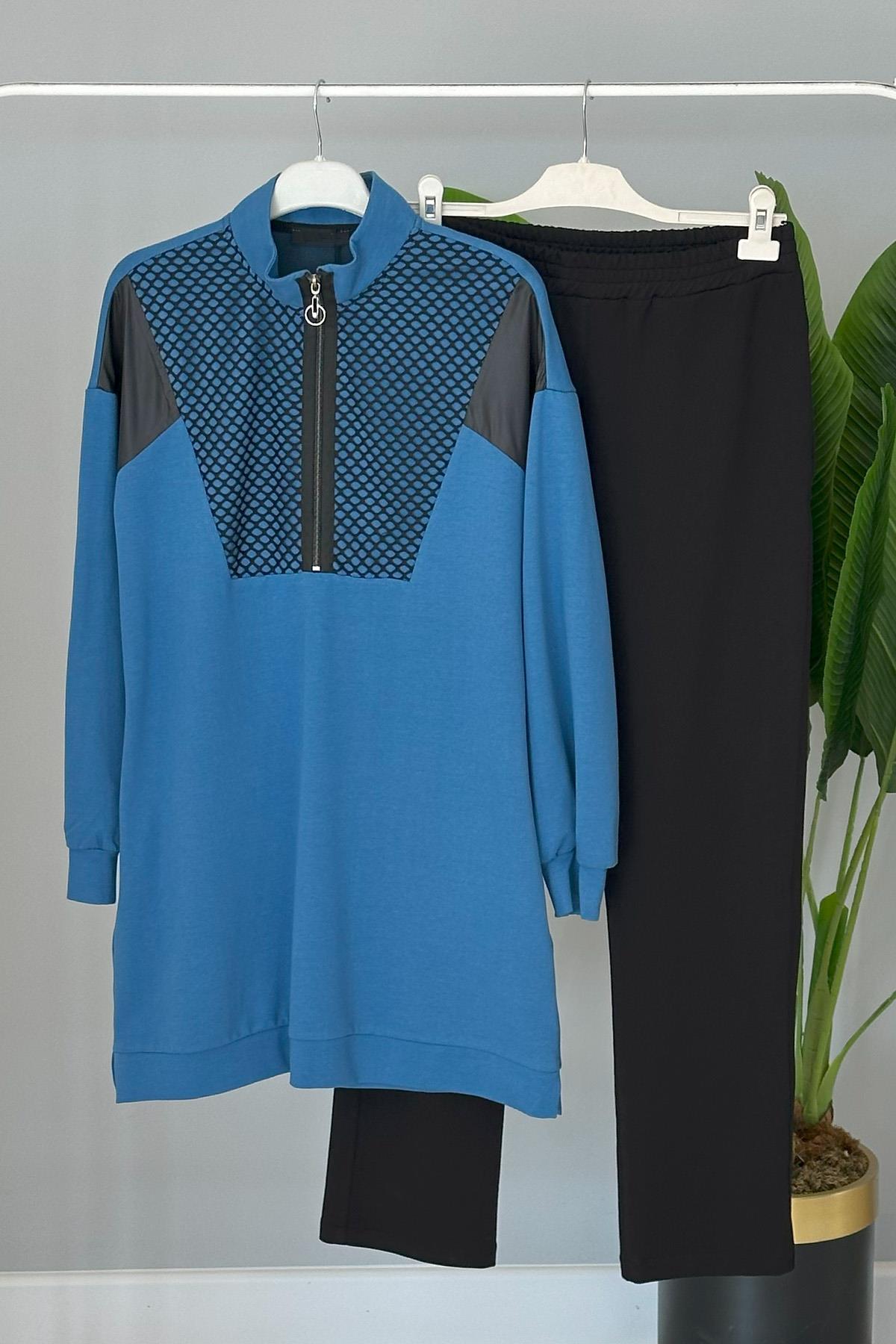 Basic Pantolonlu Takım File Detaylı 15020 Mavi