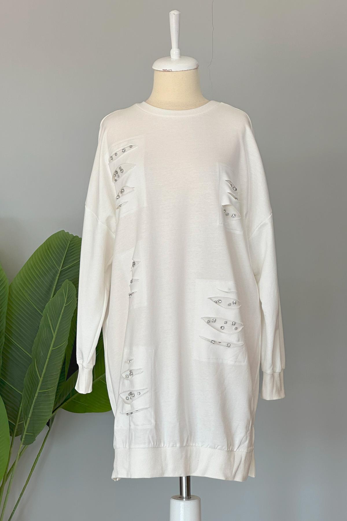 Basic Taş Detaylı Sweat Tunik 10409 Ekru