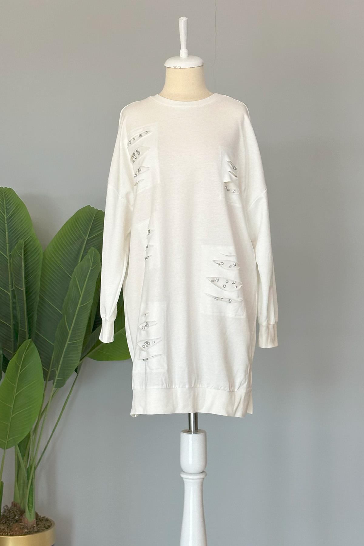 Basic Taş Detaylı Sweat Tunik 10409 Ekru