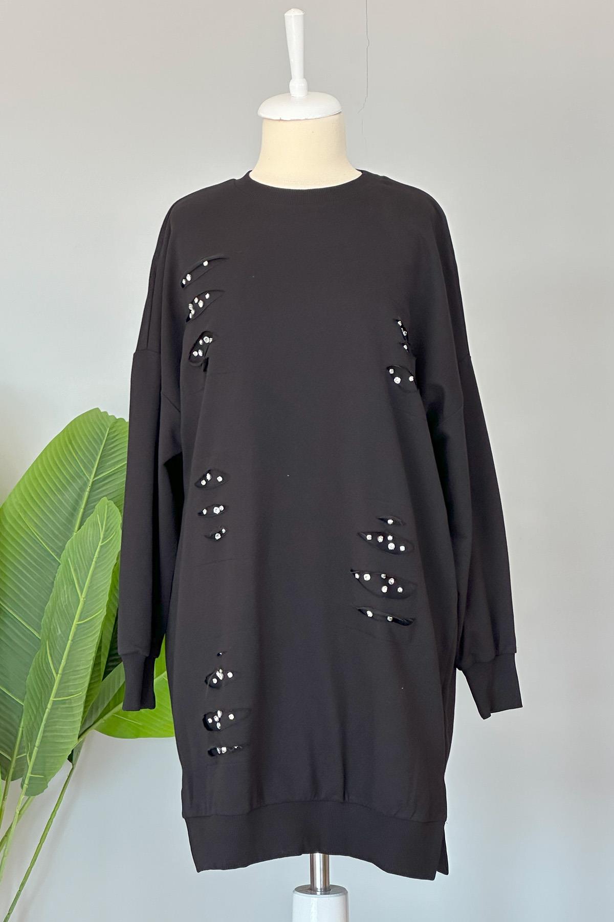 Basic Taş Detaylı Sweat Tunik 10409 Siyah