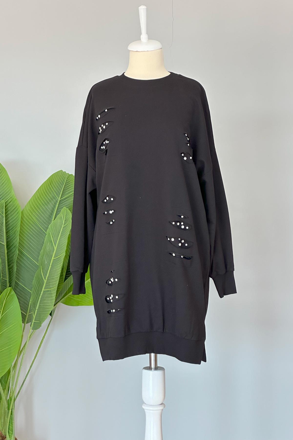 Basic Taş Detaylı Sweat Tunik 10409 Siyah