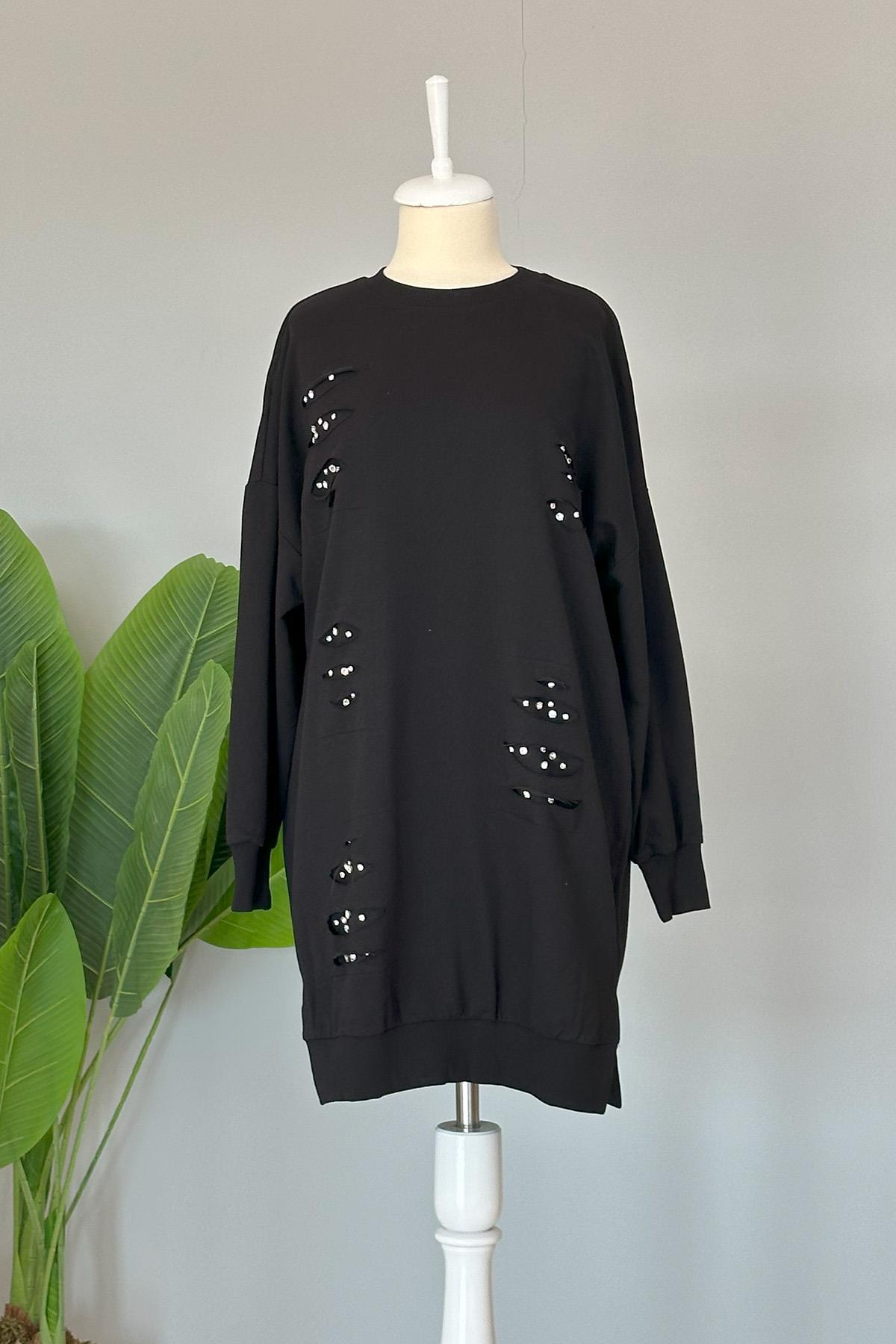 Basic Taş Detaylı Sweat Tunik 10409 Siyah