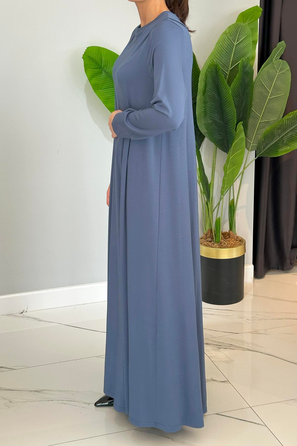Basic Uzun Kollu Bambu Elbise 5739 İndigo