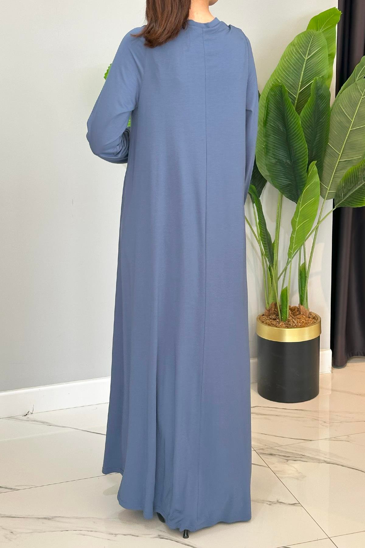 Basic Uzun Kollu Bambu Elbise 5739 İndigo