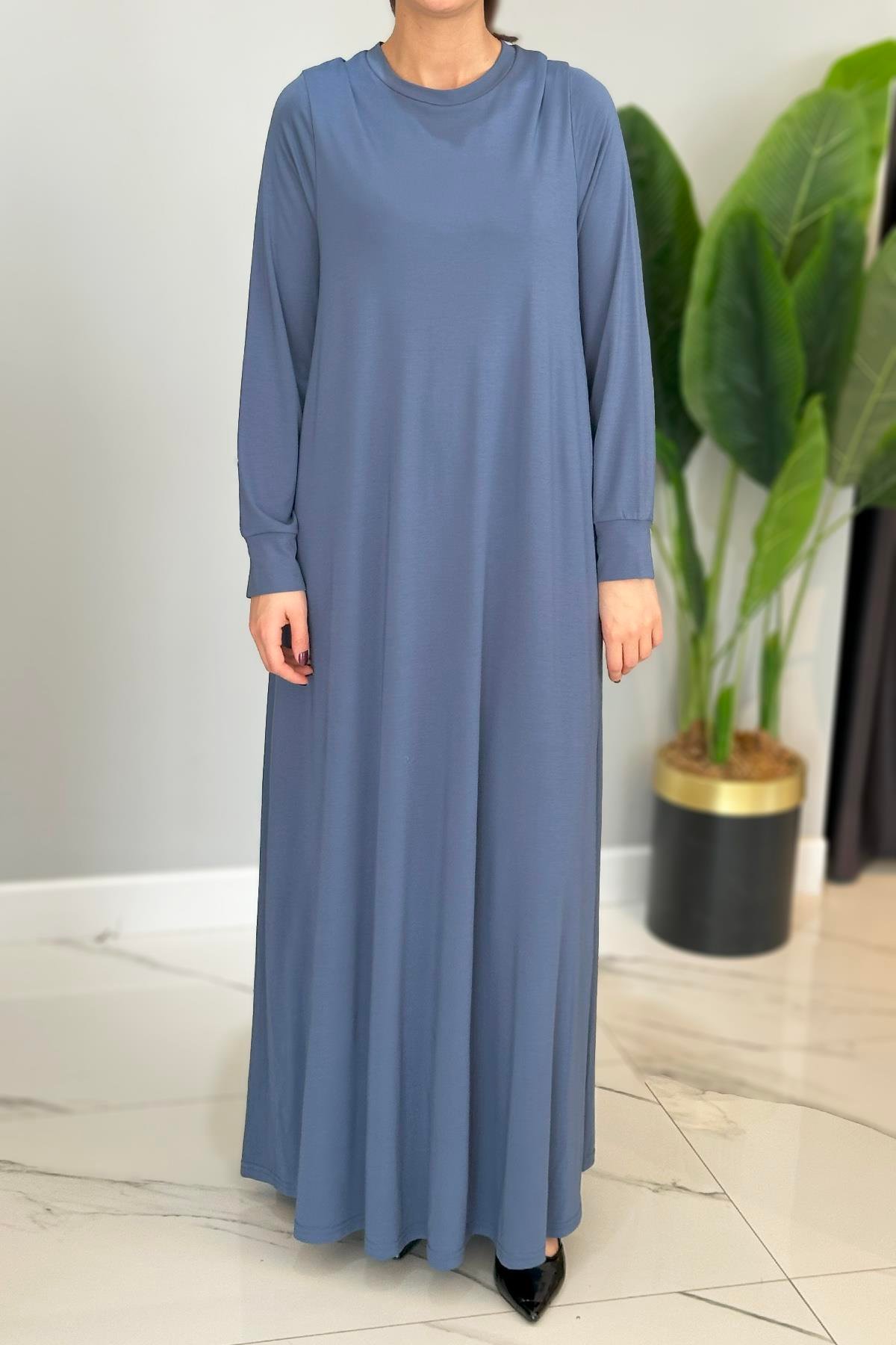 Basic Uzun Kollu Bambu Elbise 5739 İndigo