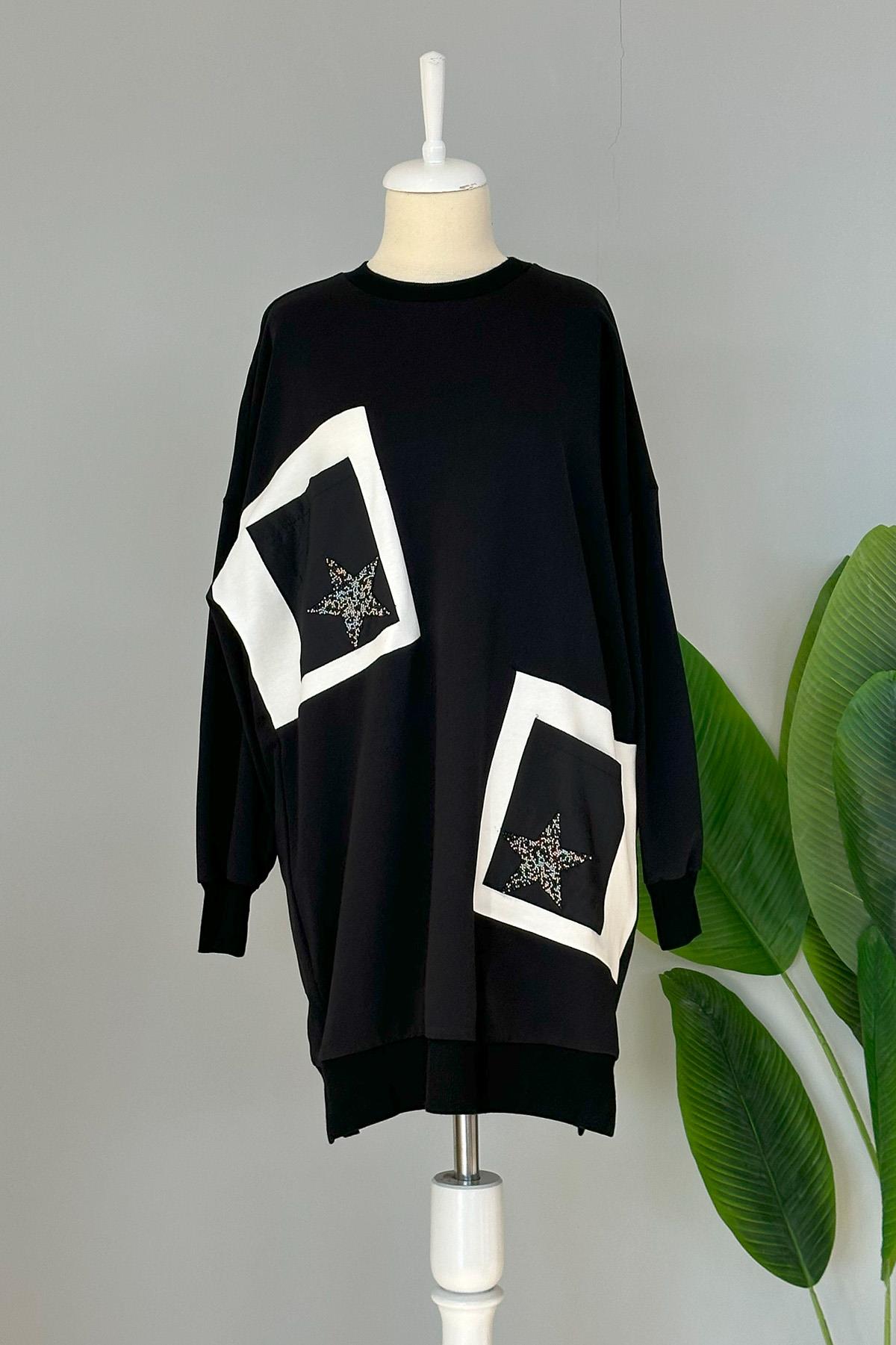 Basic Yıldız İşleme Detaylı Sweat Tunik 10406 Siyah