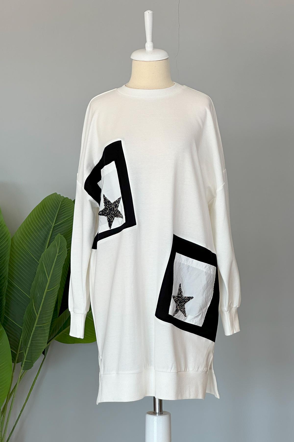 Basic Yıldız İşleme Detaylı Sweat Tunik 10406 Ekru