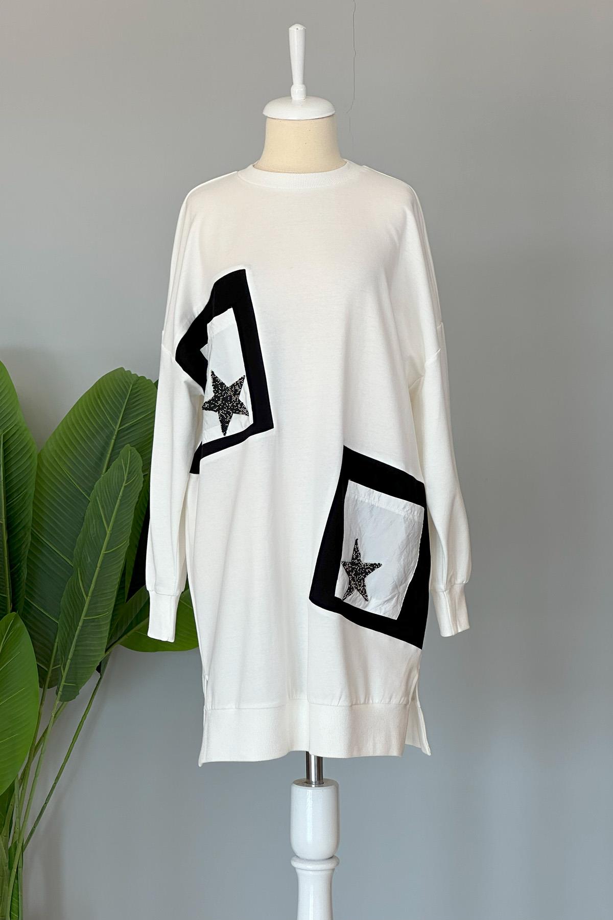 Basic Yıldız İşleme Detaylı Sweat Tunik 10406 Ekru