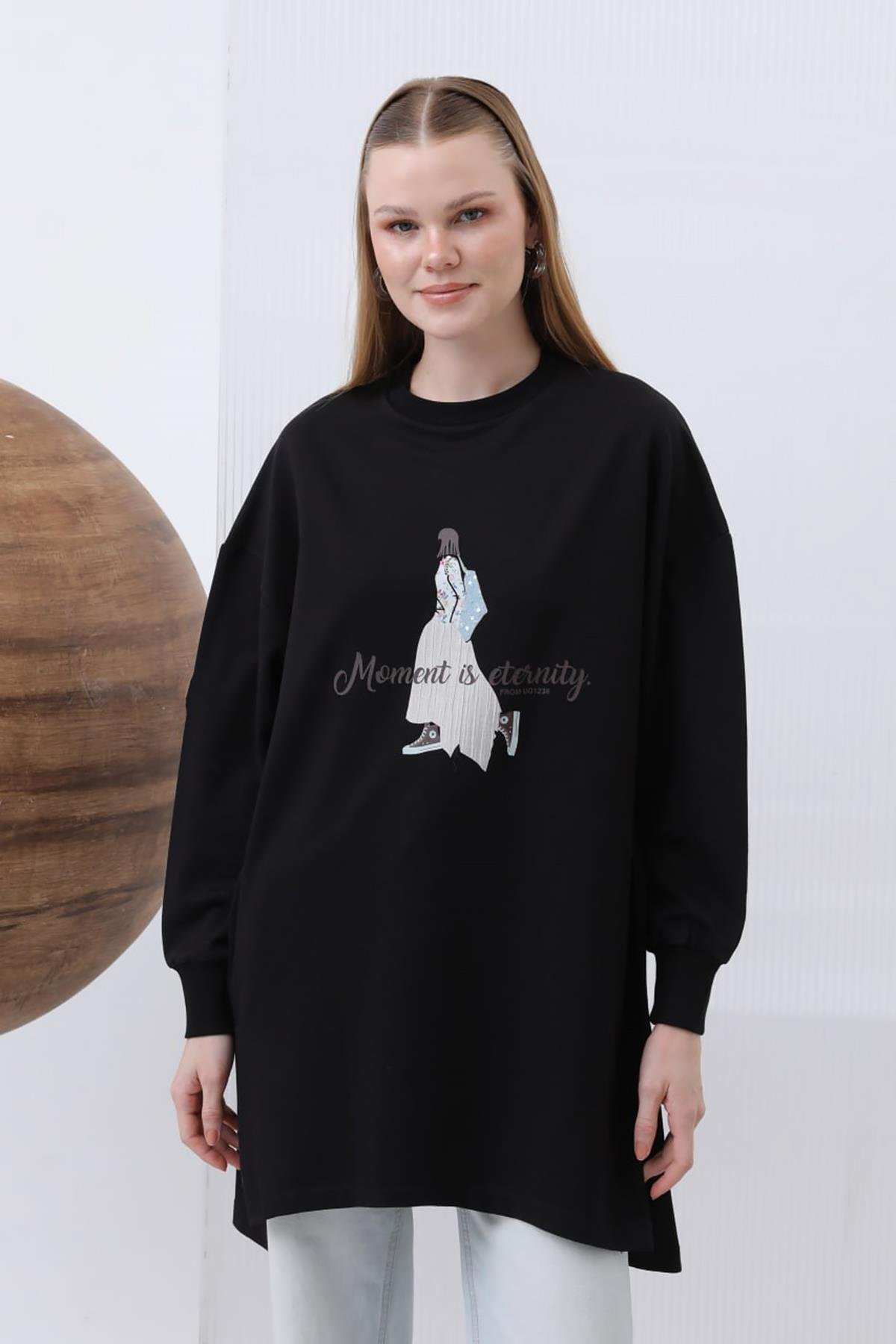 Baskı Detay Sweat Tunik 10635 Siyah