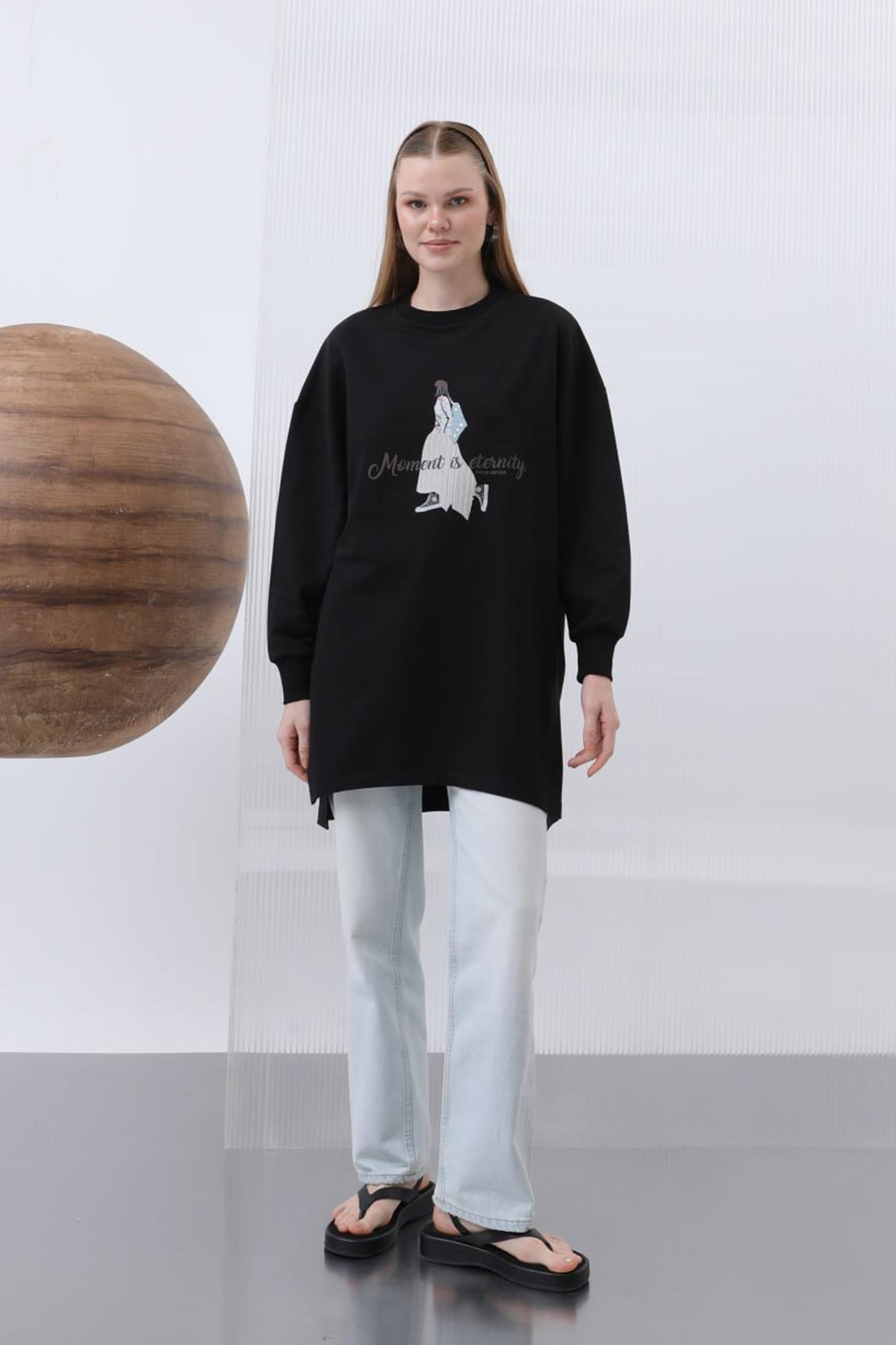 Baskı Detay Sweat Tunik 10635 Siyah