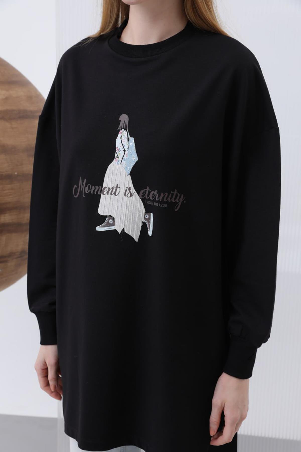 Baskı Detay Sweat Tunik 10635 Siyah