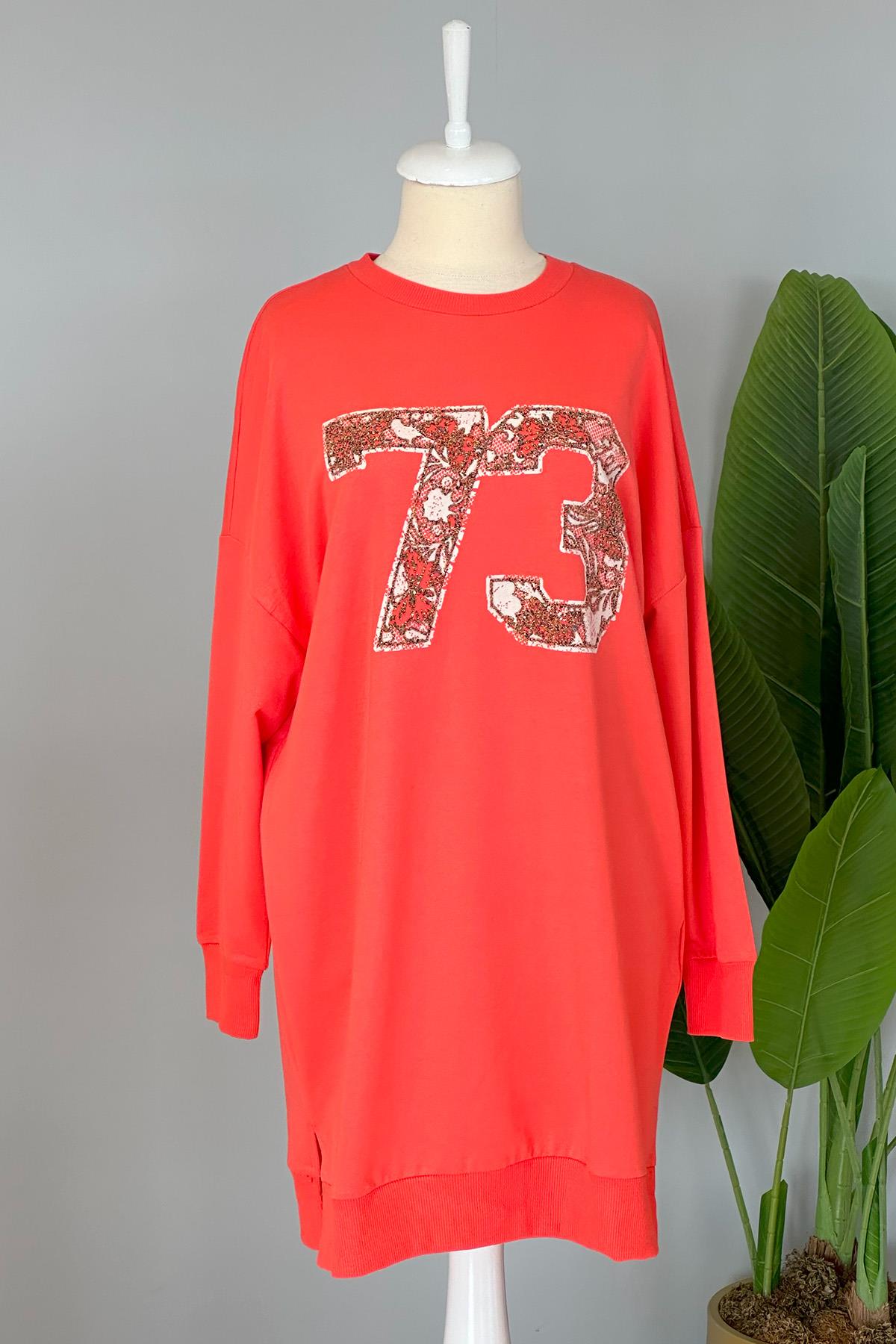 Baskı Detaylı Basic Tunik Sweat 10453 Mercan