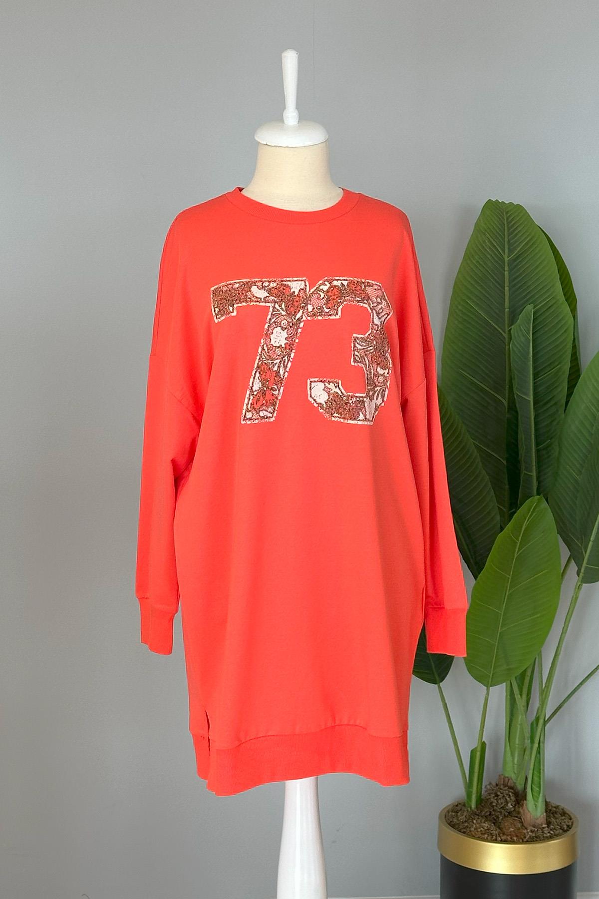 Baskı Detaylı Basic Tunik Sweat 10453 Mercan
