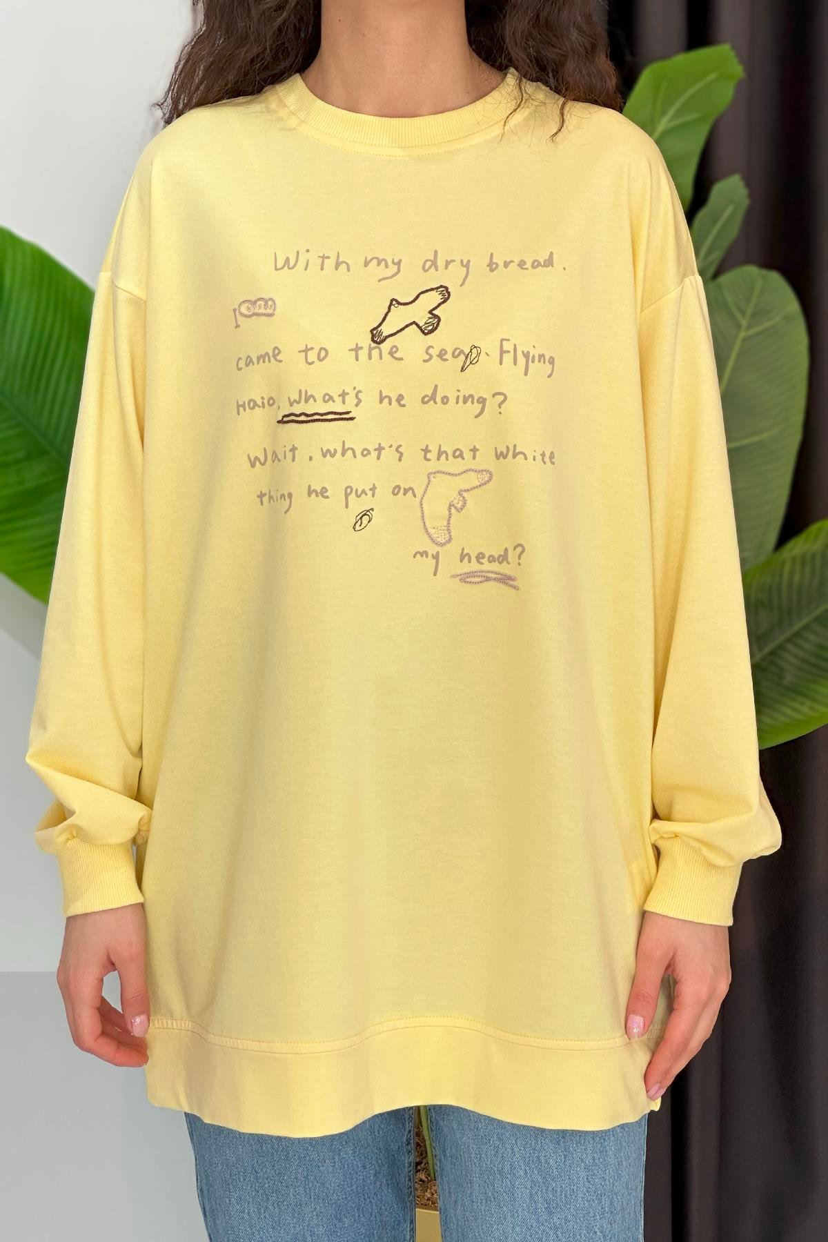 Baskı ve Nakış Detaylı Sweat Tunik 34806 Sarı