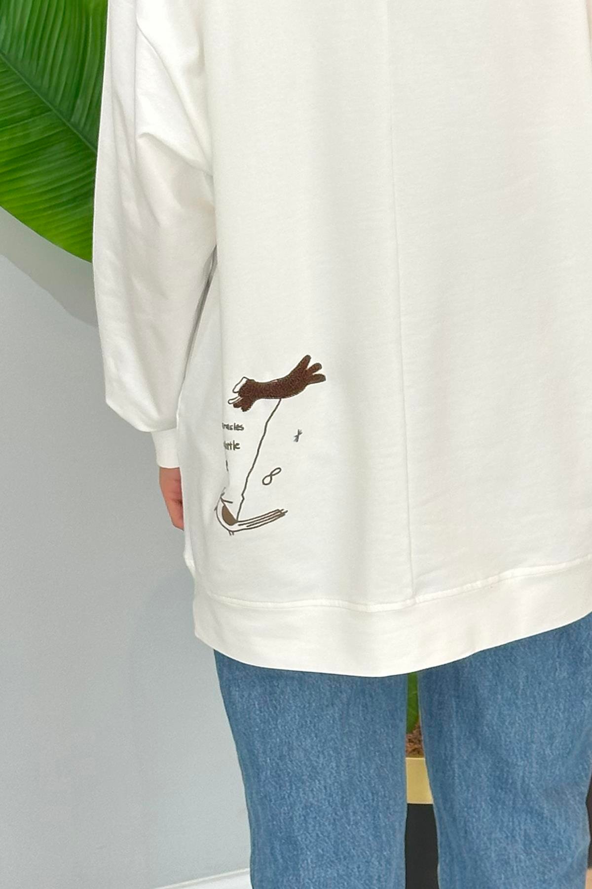 Baskı ve Nakış Detaylı Sweat Tunik 34806 Ekru