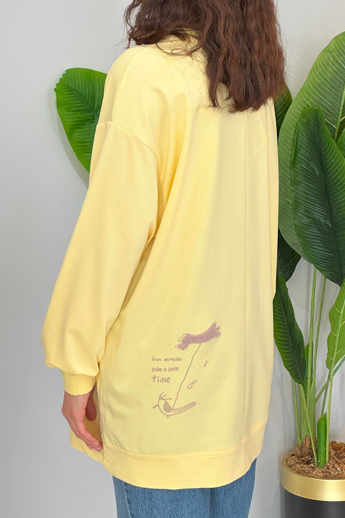 Baskı ve Nakış Detaylı Sweat Tunik 34806 Sarı