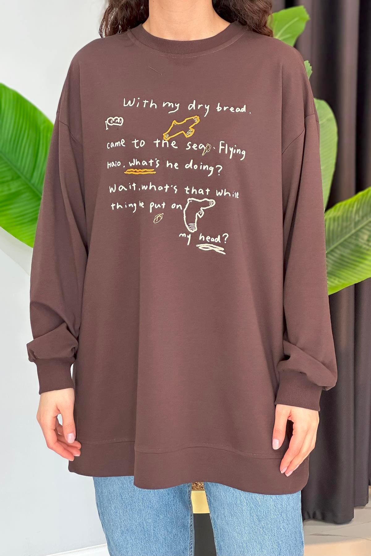 Baskı ve Nakış Detaylı Sweat Tunik 34806 Kahverengi