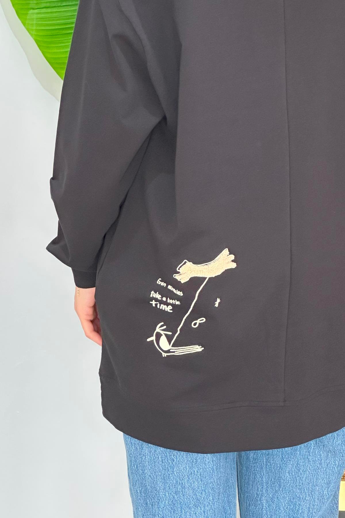 Baskı ve Nakış Detaylı Sweat Tunik 34806 Siyah