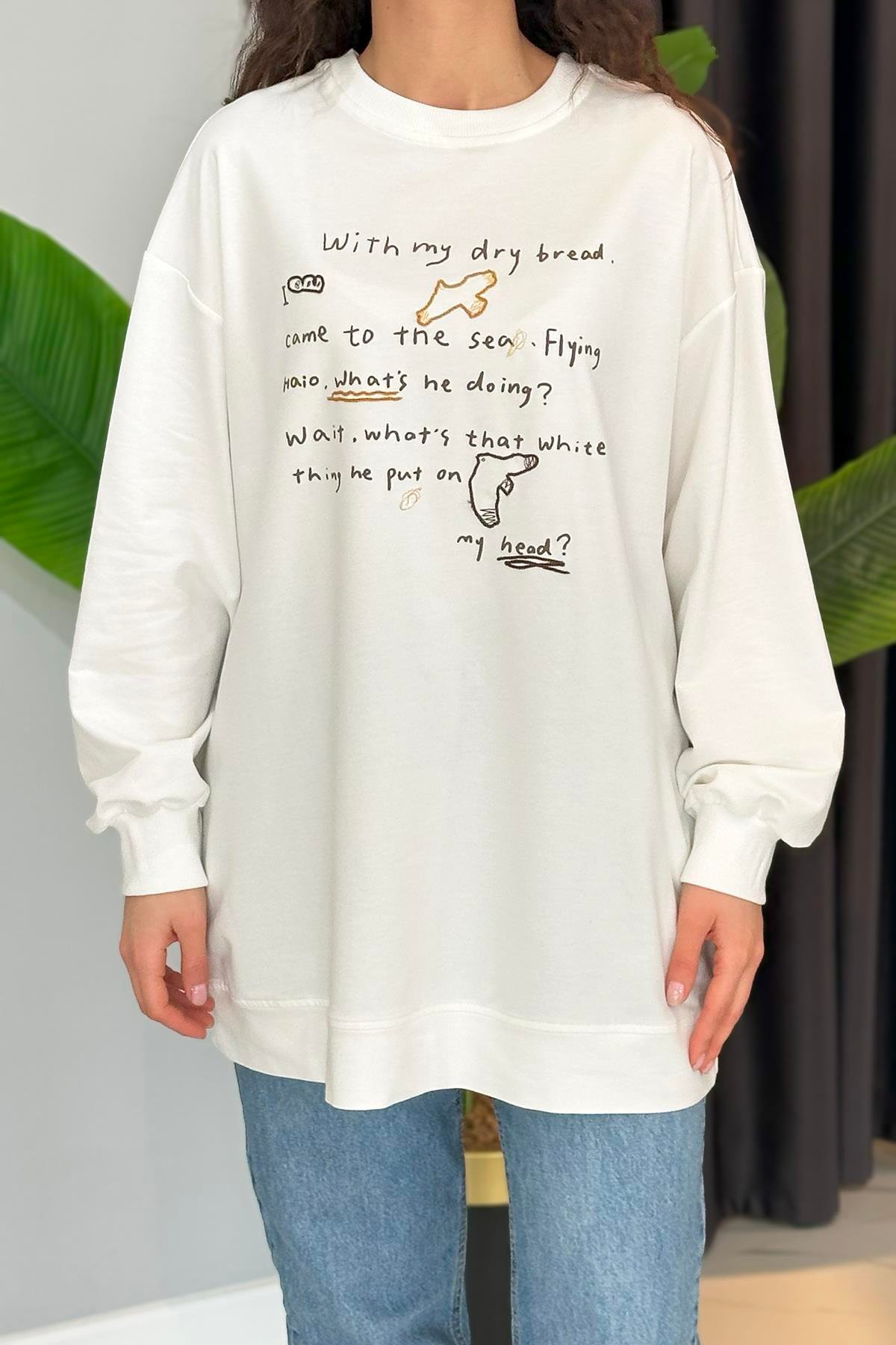 Baskı ve Nakış Detaylı Sweat Tunik 34806 Ekru