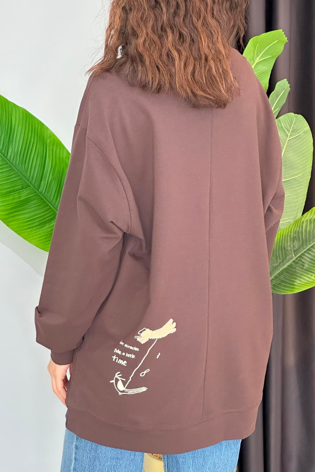 Baskı ve Nakış Detaylı Sweat Tunik 34806 Kahverengi