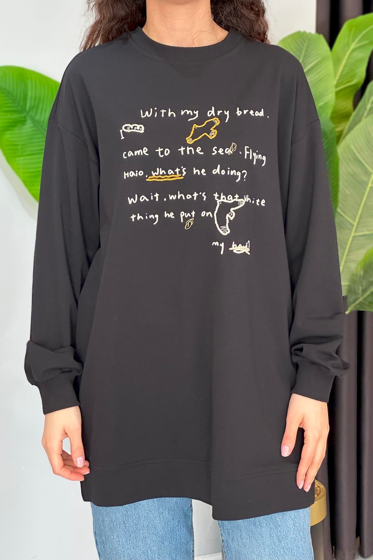 Baskı ve Nakış Detaylı Sweat Tunik 34806 Siyah
