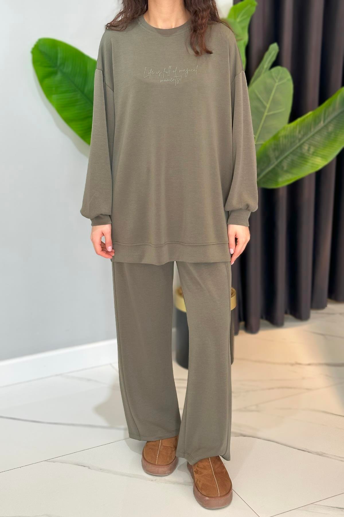 Baskılı Modal Takım 34479 Haki