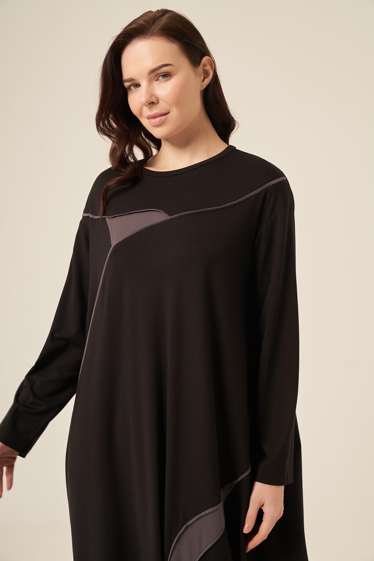 Biye Detaylı Uzun Kollu Bambu Elbise 5730 Siyah