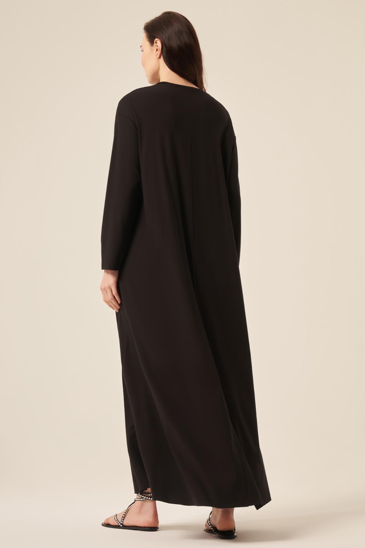 Biye Detaylı Uzun Kollu Bambu Elbise 5730 Siyah