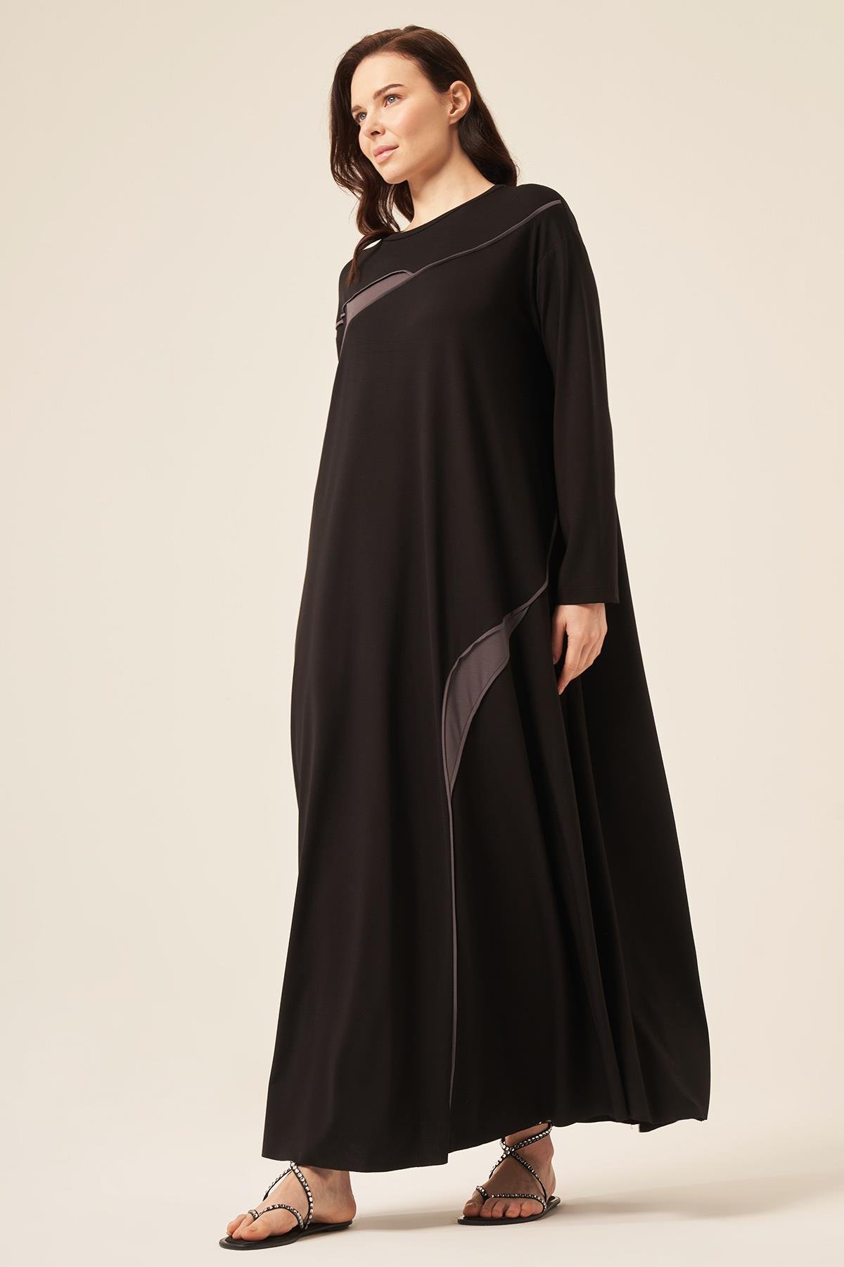 Biye Detaylı Uzun Kollu Bambu Elbise 5730 Siyah