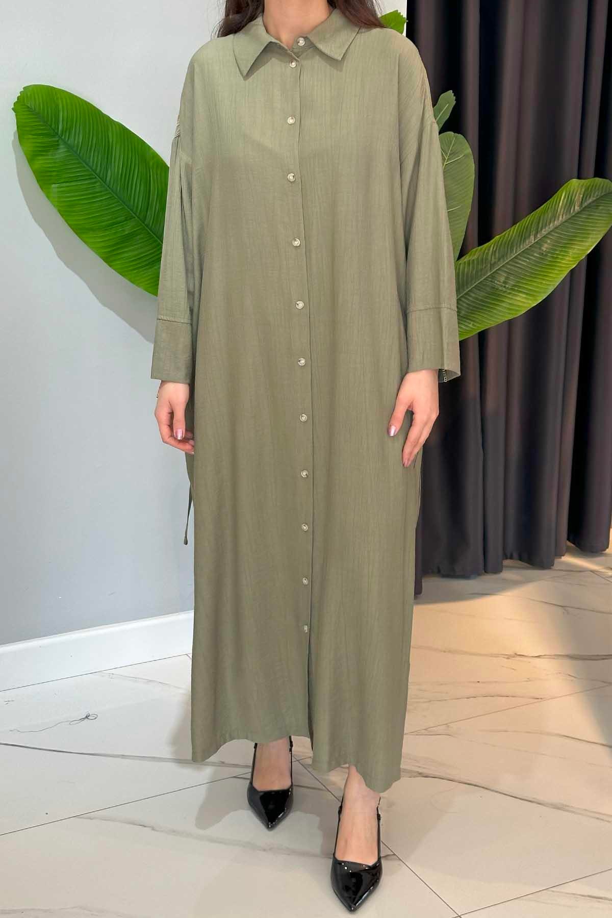 Biye Kemerli Gömlek Elbise 34268 Haki