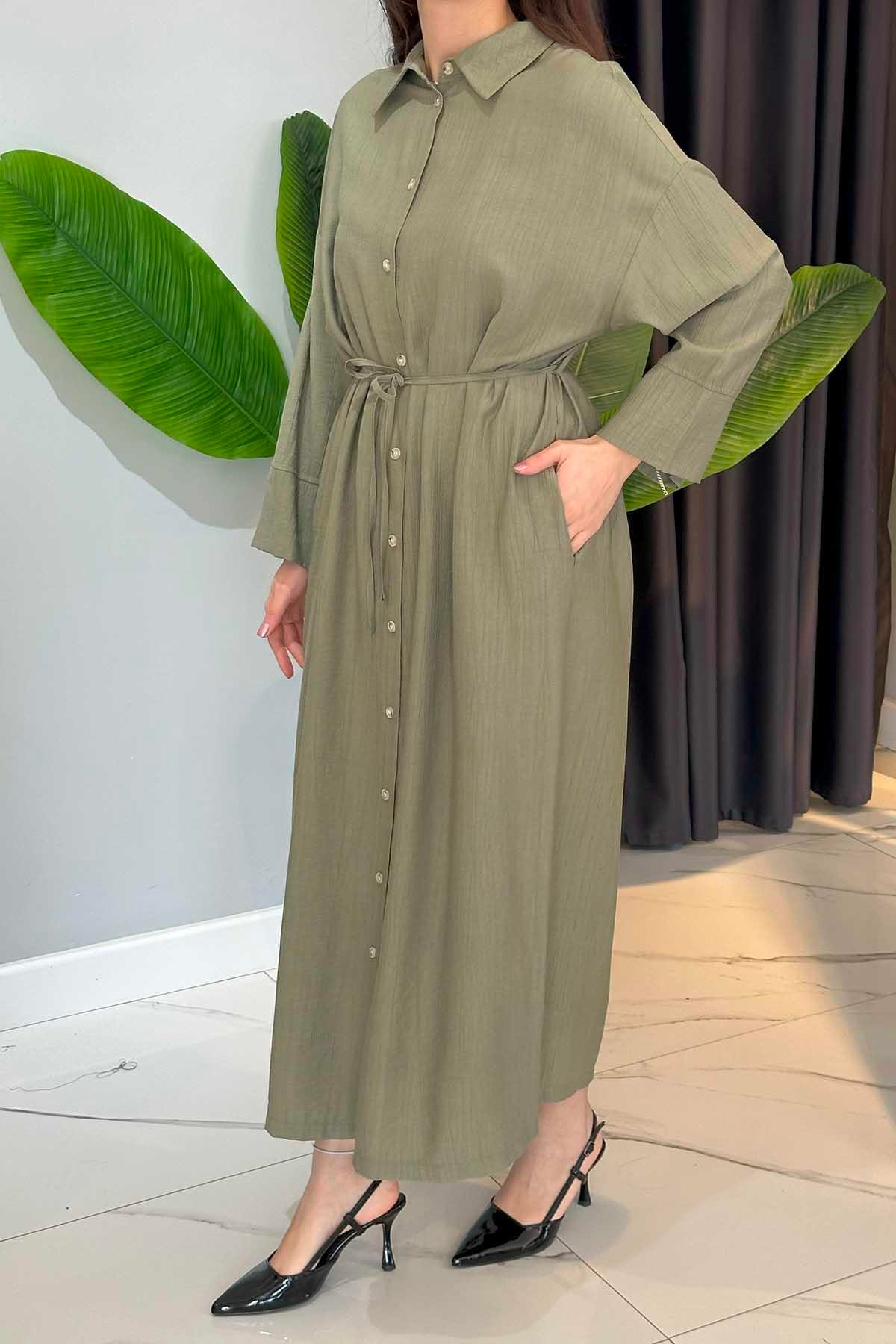 Biye Kemerli Gömlek Elbise 34268 Haki