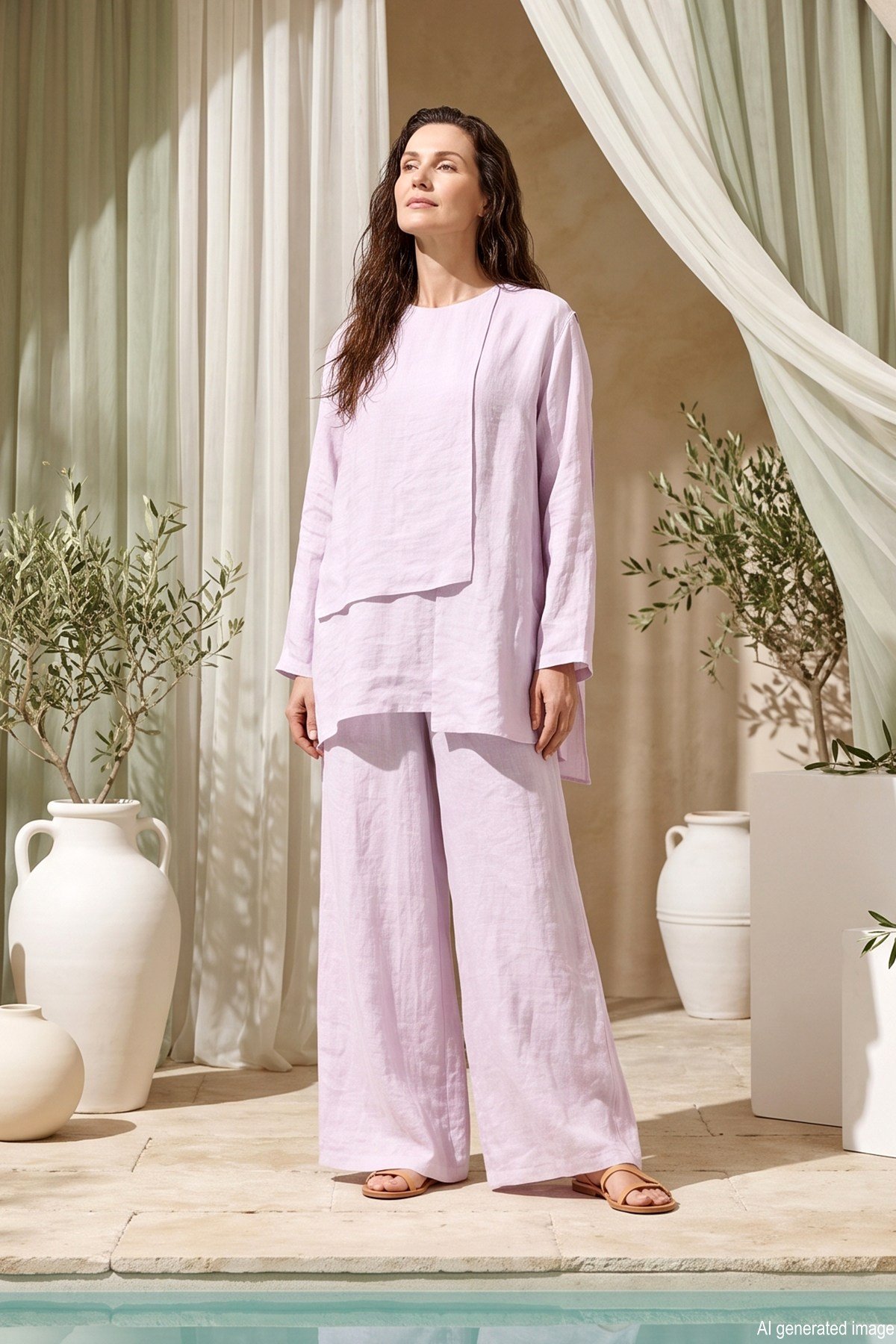 Bluz Önü Parçalı Bol Paça Pantolonlu Nil Takım 965 Lila