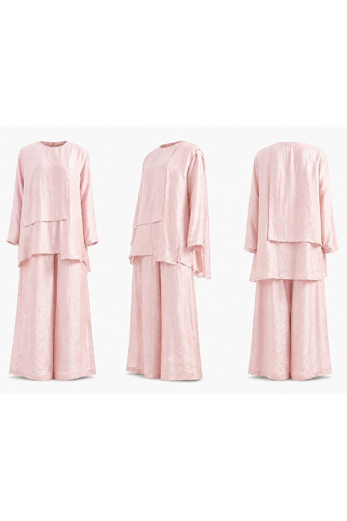 Bluz Önü Parçalı Bol Paça Pantolonlu Nil Takım 965 Pembe