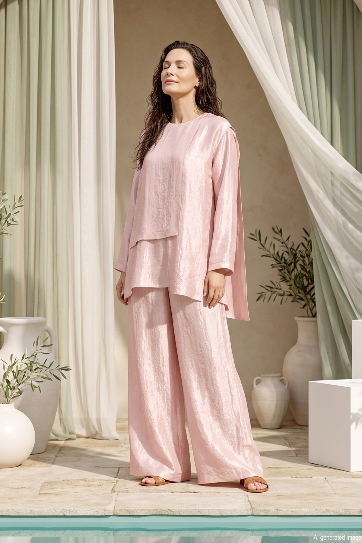 Bluz Önü Parçalı Bol Paça Pantolonlu Nil Takım 965 Pembe