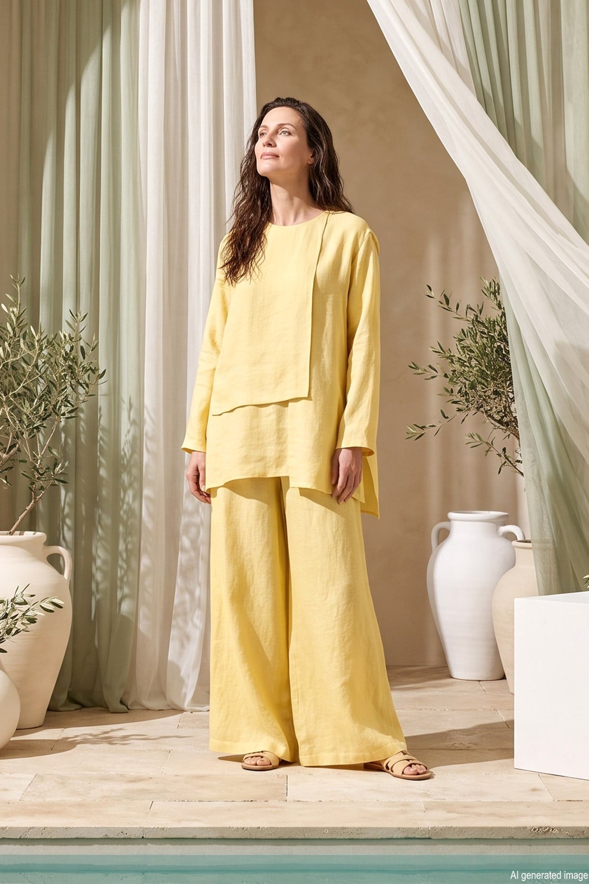 Bluz Önü Parçalı Bol Paça Pantolonlu Nil Takım 965 Sarı
