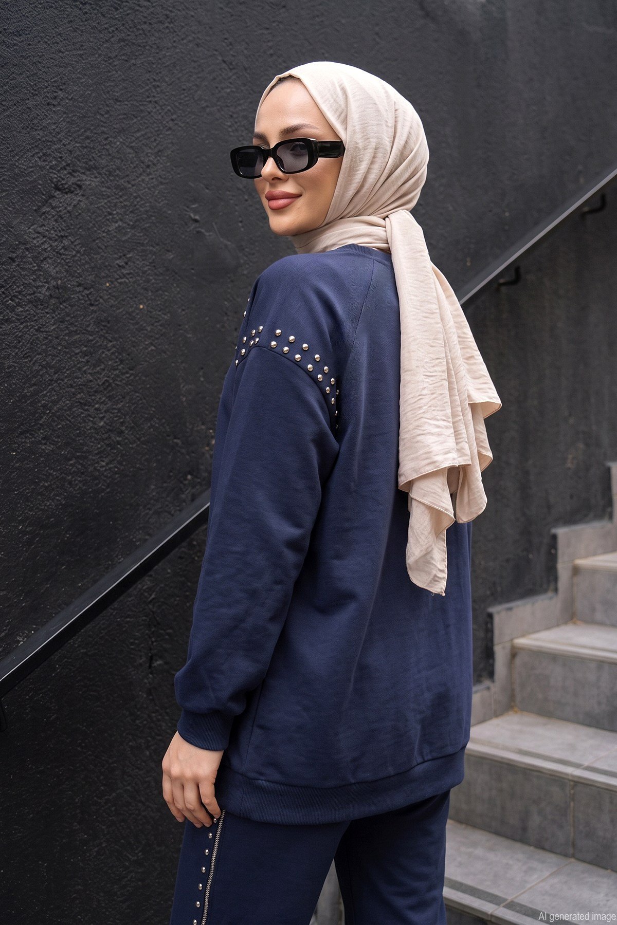 Bluzu ve Pantolonu Çakma Detaylı Luna Takım 945 Lacivert