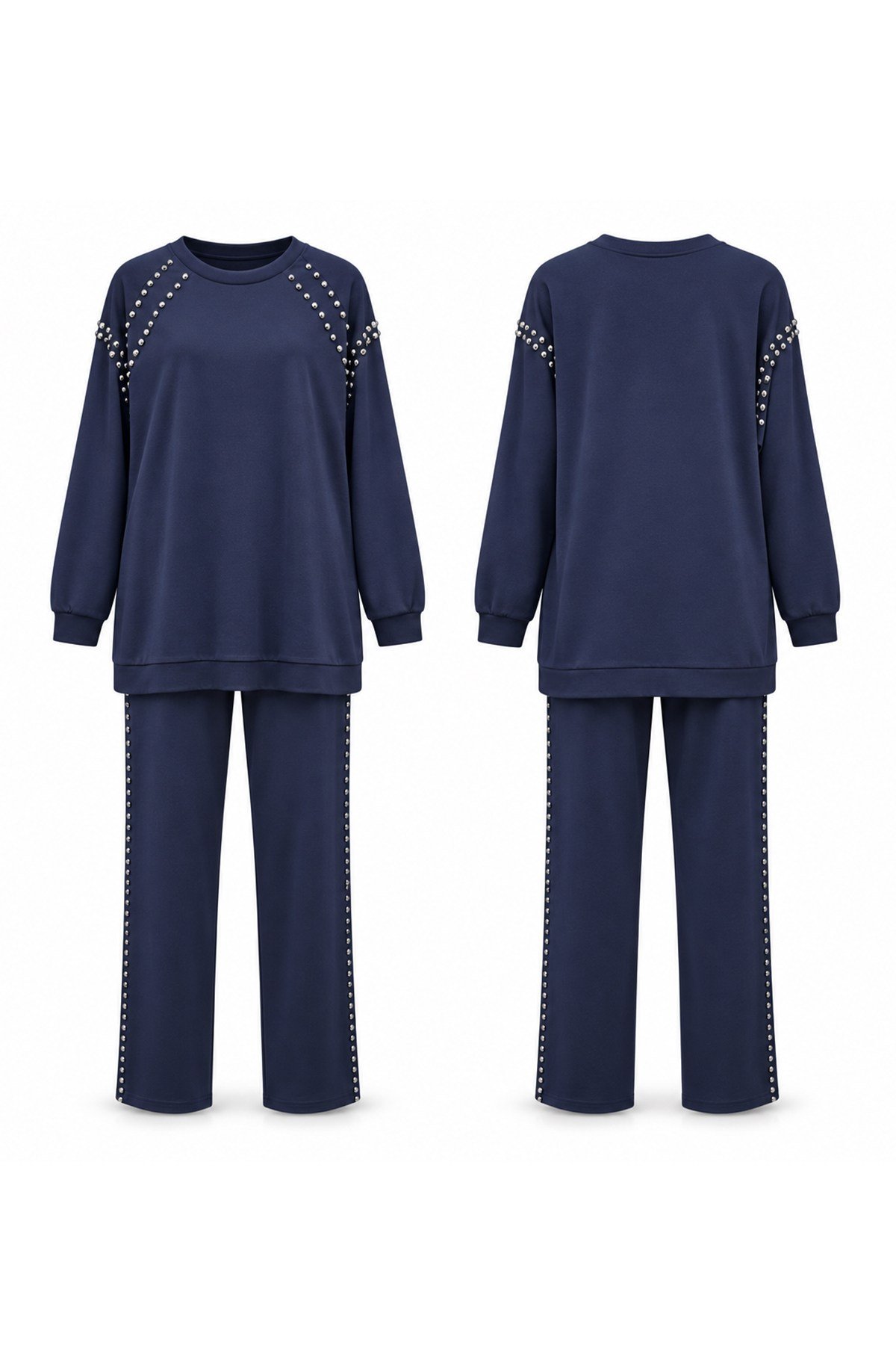 Bluzu ve Pantolonu Çakma Detaylı Luna Takım 945 Lacivert