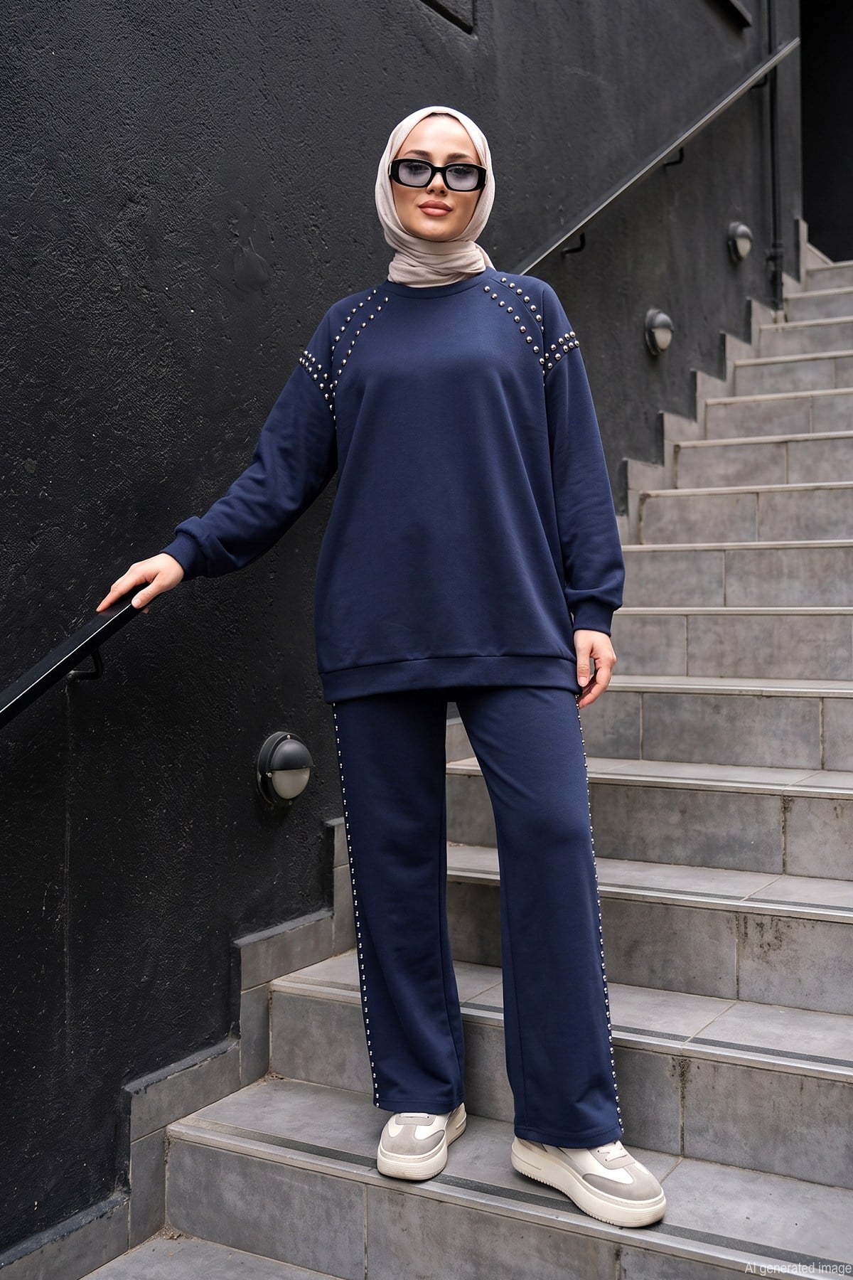 Bluzu ve Pantolonu Çakma Detaylı Luna Takım 945 Lacivert