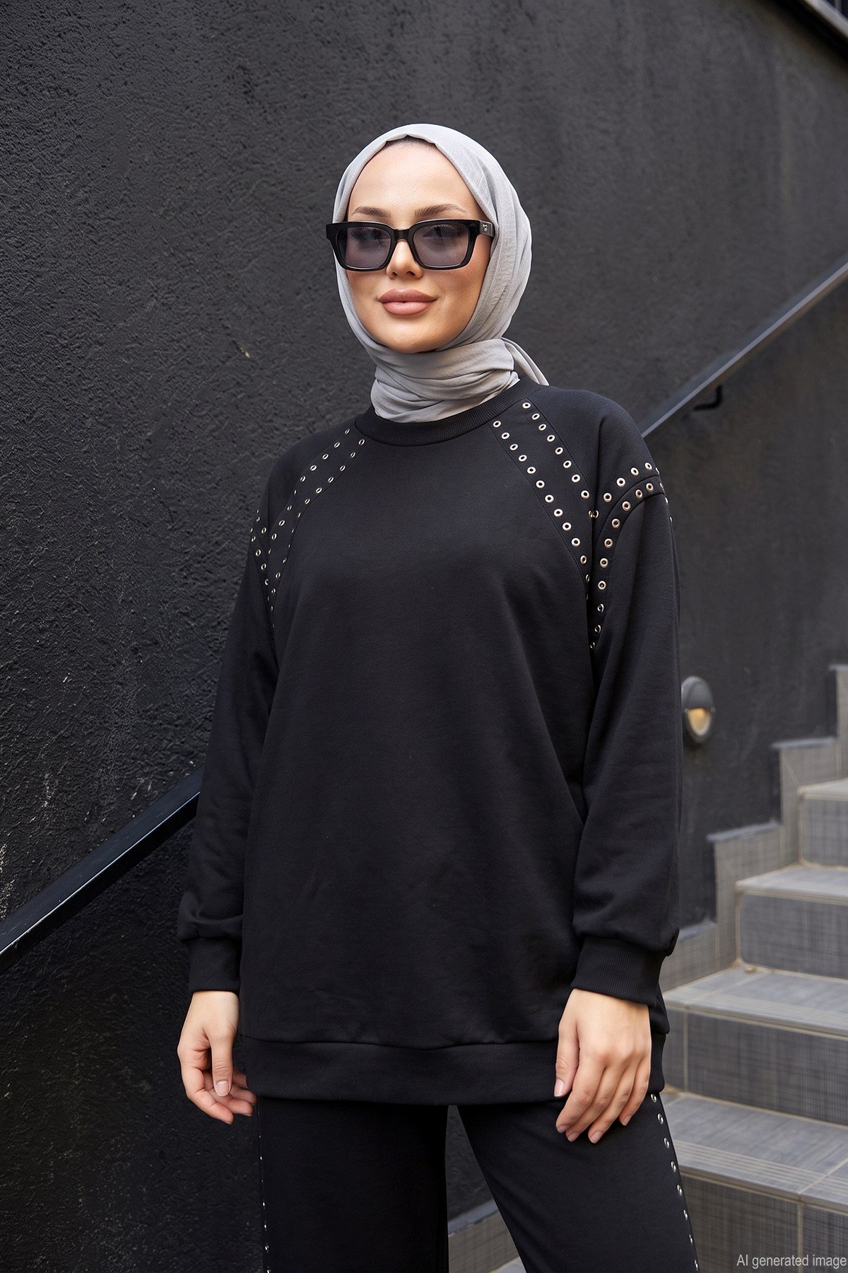 Bluzu ve Pantolonu Çakma Detaylı Luna Takım 945 Siyah