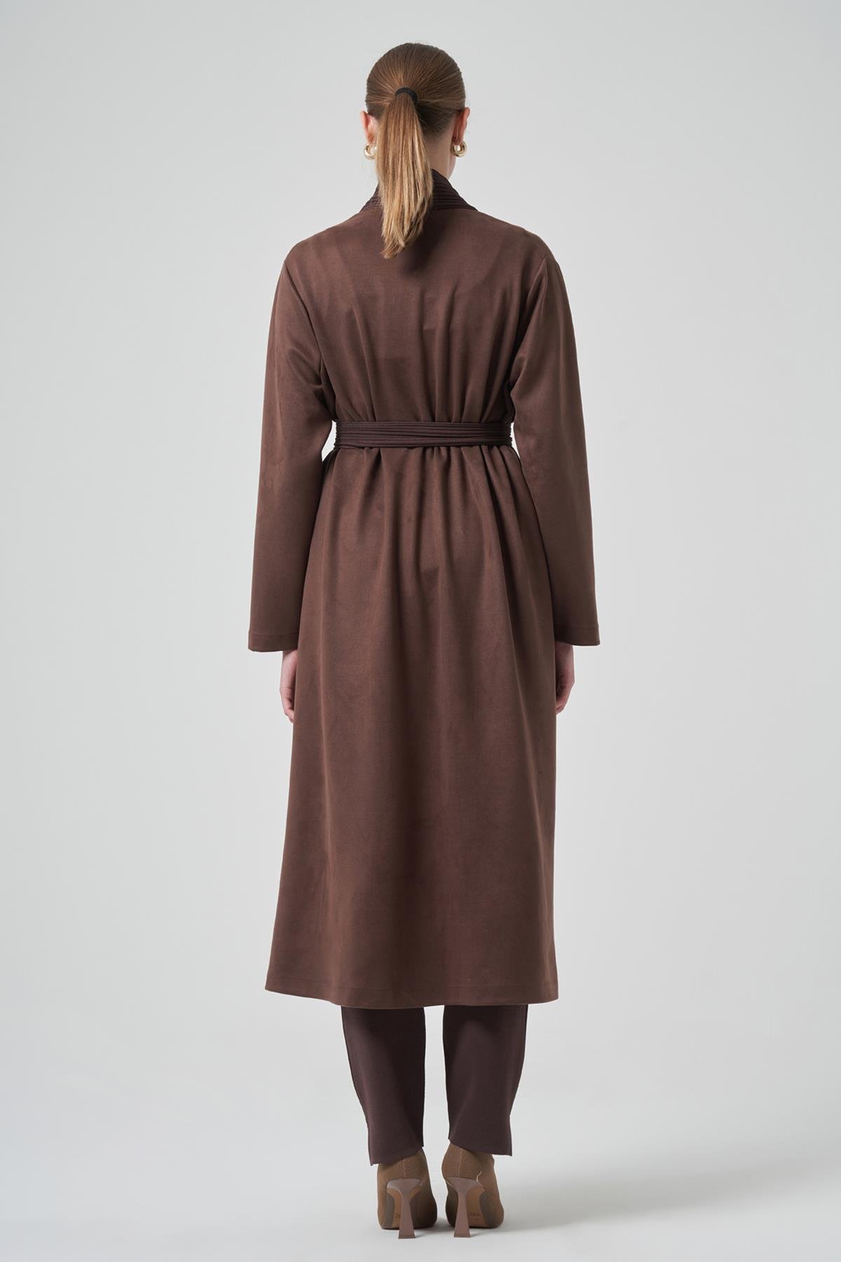 Boncuk İşlemeli Triko Kemer Detay Süet Kap Ceket 6001 Kahverengi