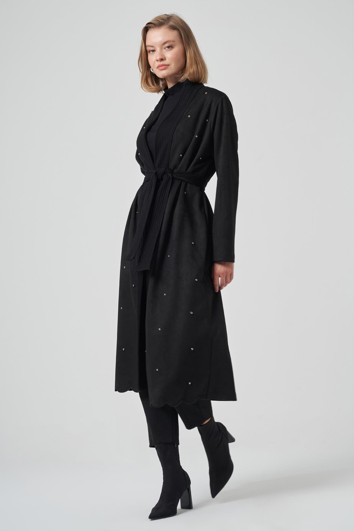 Boncuk İşlemeli Triko Kemer Detay Süet Kap Ceket 6001 Siyah