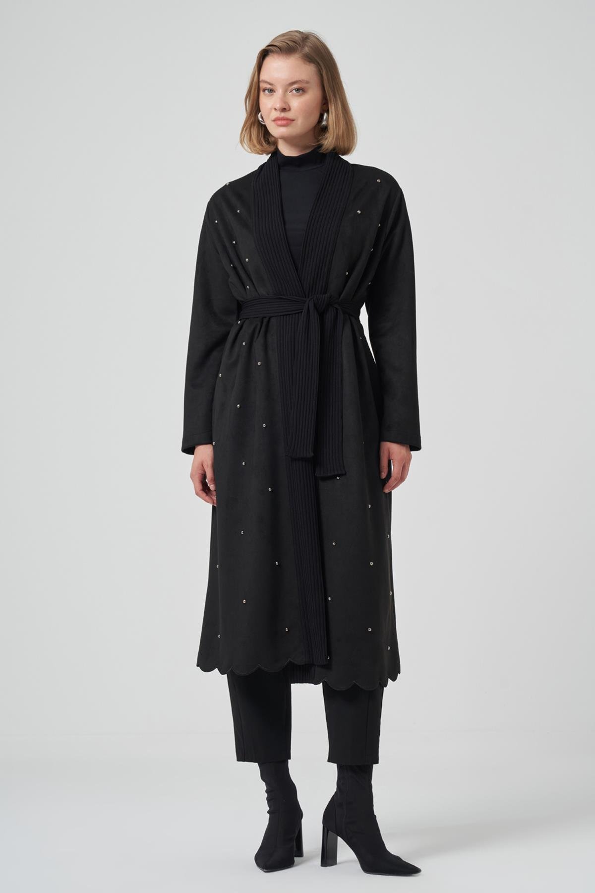 Boncuk İşlemeli Triko Kemer Detay Süet Kap Ceket 6001 Siyah