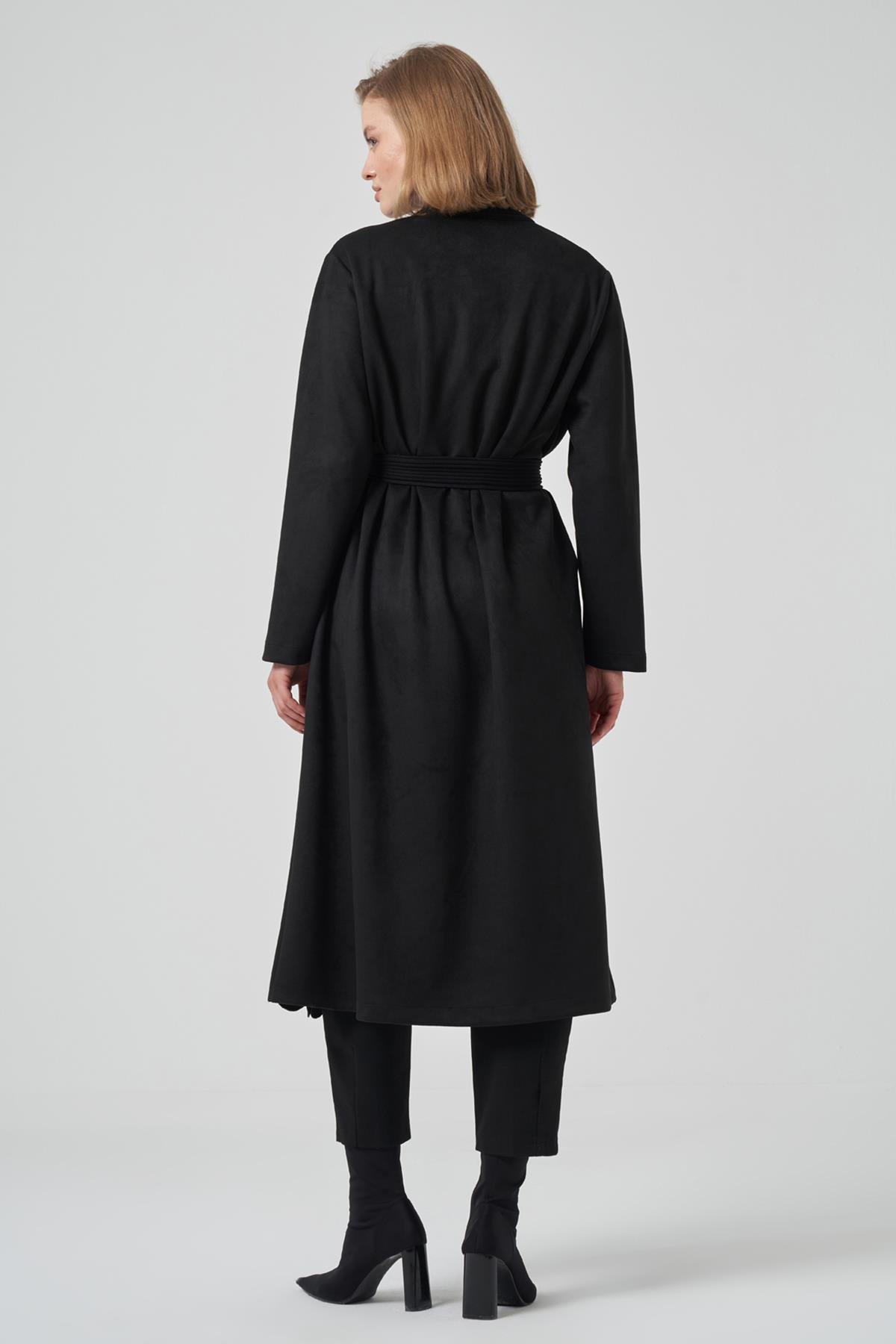 Boncuk İşlemeli Triko Kemer Detay Süet Kap Ceket 6001 Siyah