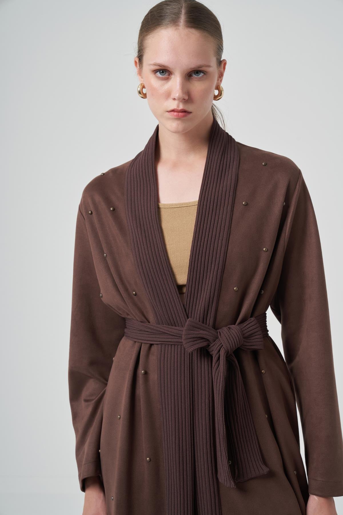 Boncuk İşlemeli Triko Kemer Detay Süet Kap Ceket 6001 Kahverengi