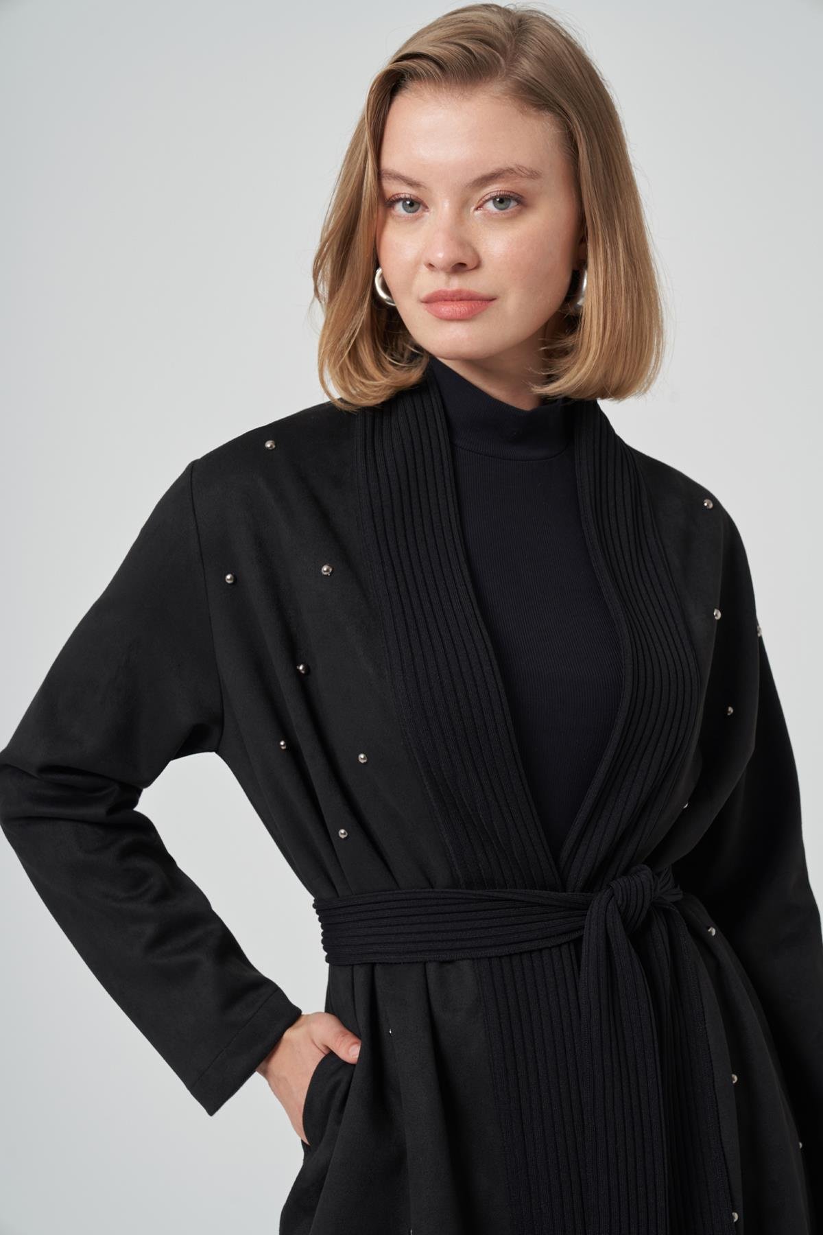 Boncuk İşlemeli Triko Kemer Detay Süet Kap Ceket 6001 Siyah